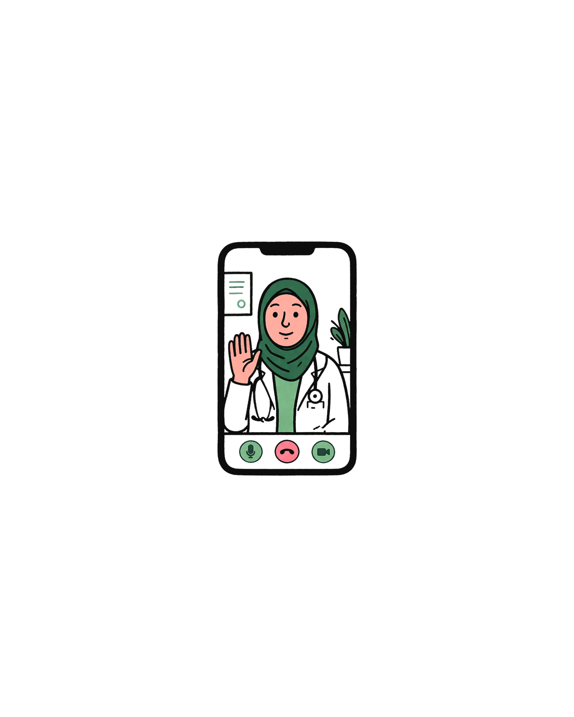 Illustration of a woman wearing a green hijab on a video call on a smartphone, waving hello, with icons for microphone, video, and ending the call at the bottom.