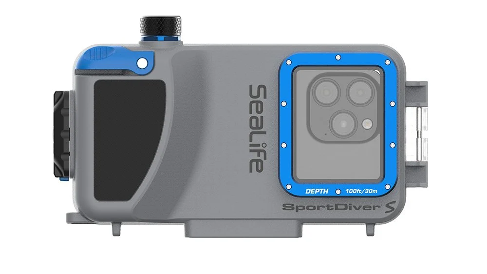 SeaLife SportDiver S housing with blue camera frame and 100 ft depth marking