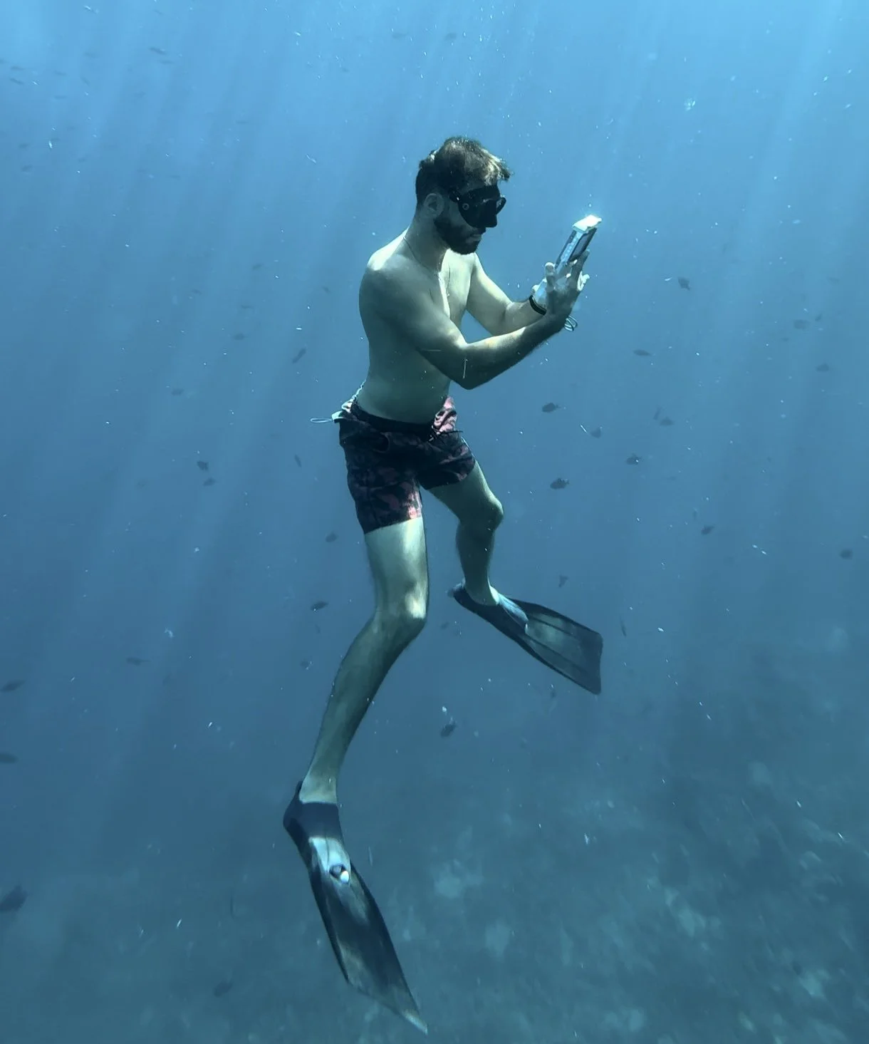 Diver using a Divevolk underwater smartphone housing