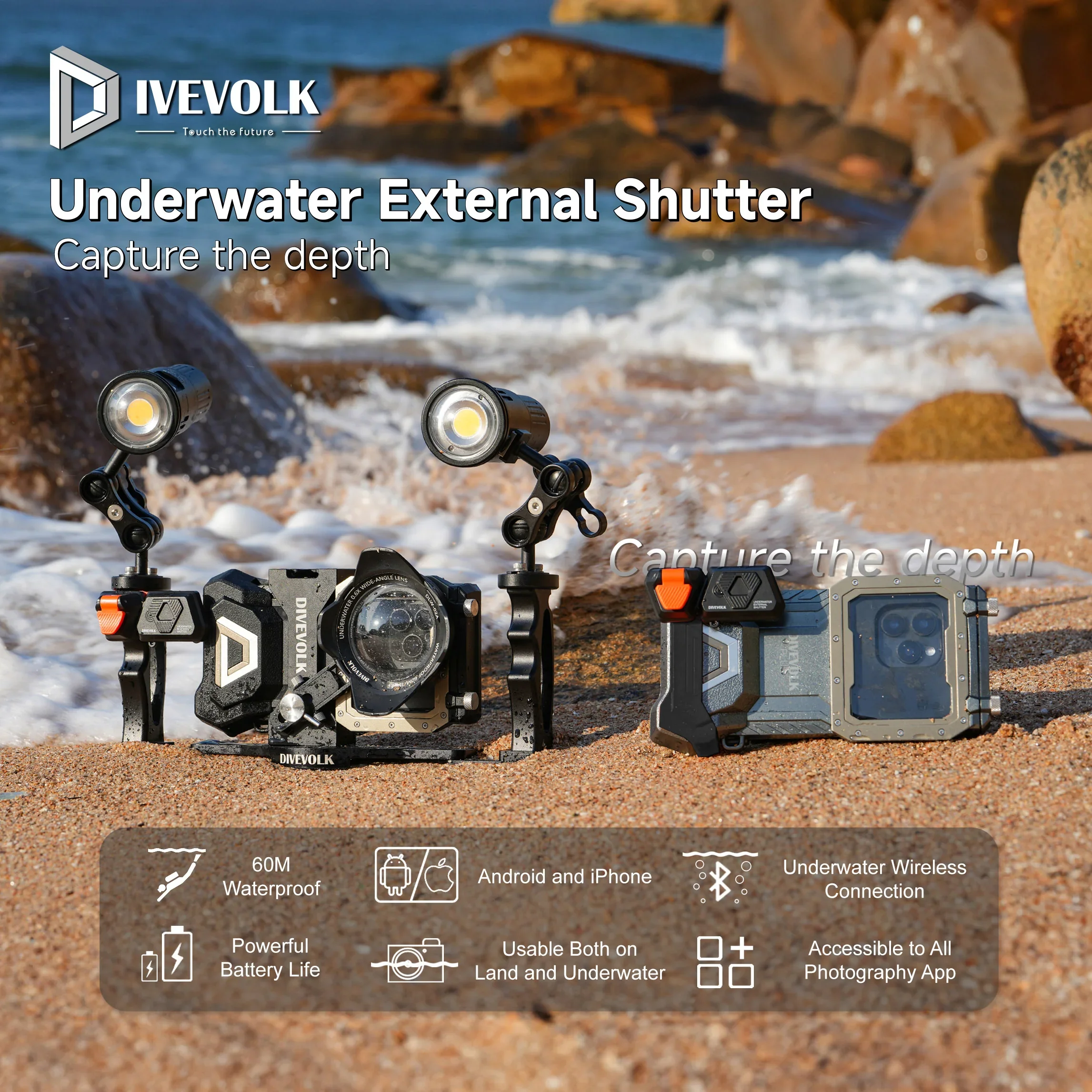 The external bluetooth shutter works in the water and on land.