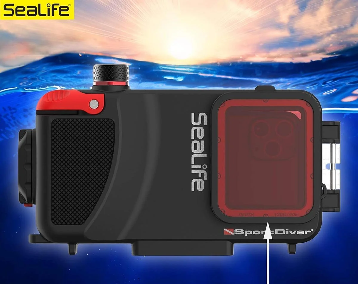 The SeaLife SportDiver phone case comes with a red filter for color correction. Source: https://www.sealife-cameras.com/