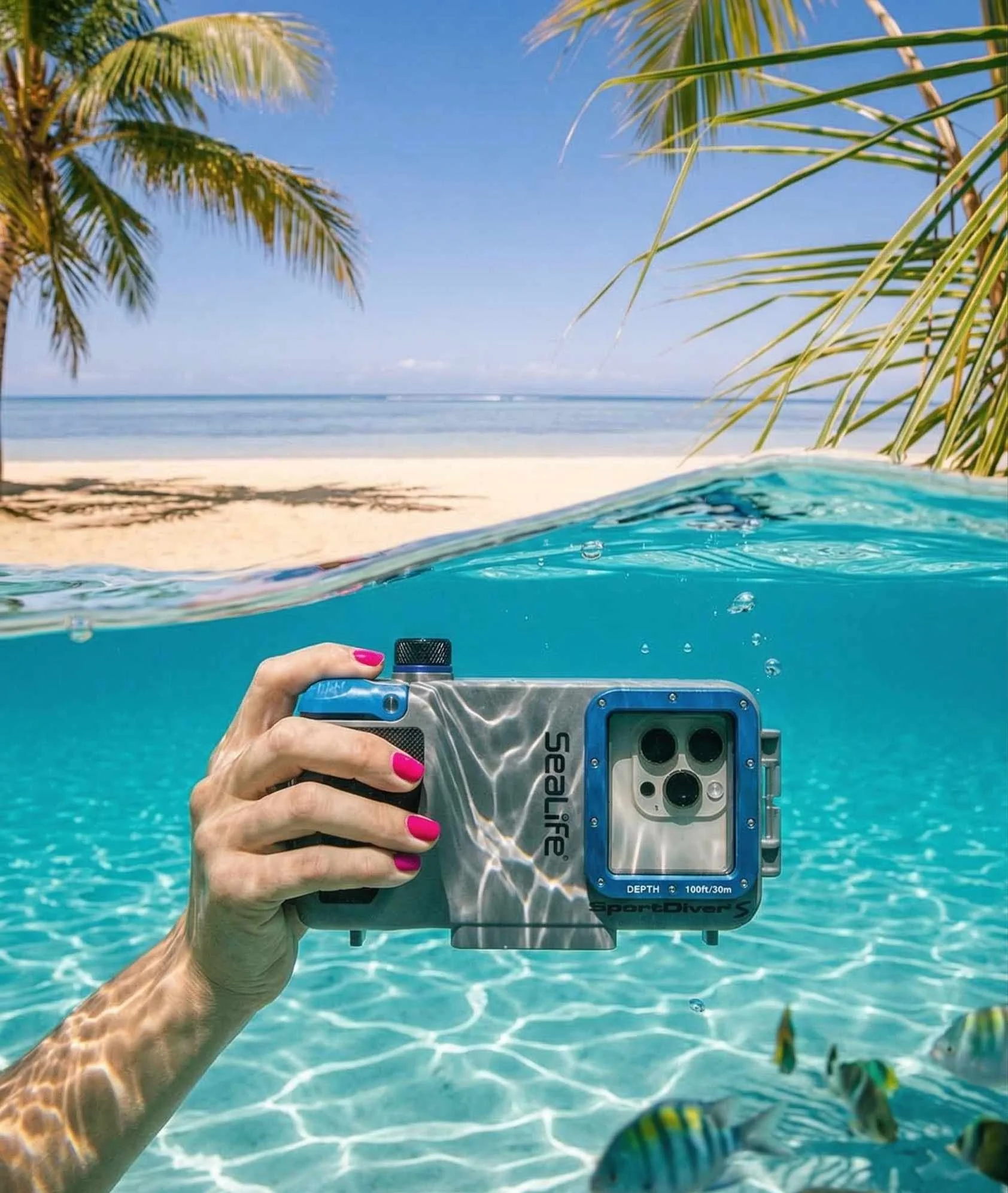 SeaLife SportDiver S housing photographed on the beach with its blue camera frame