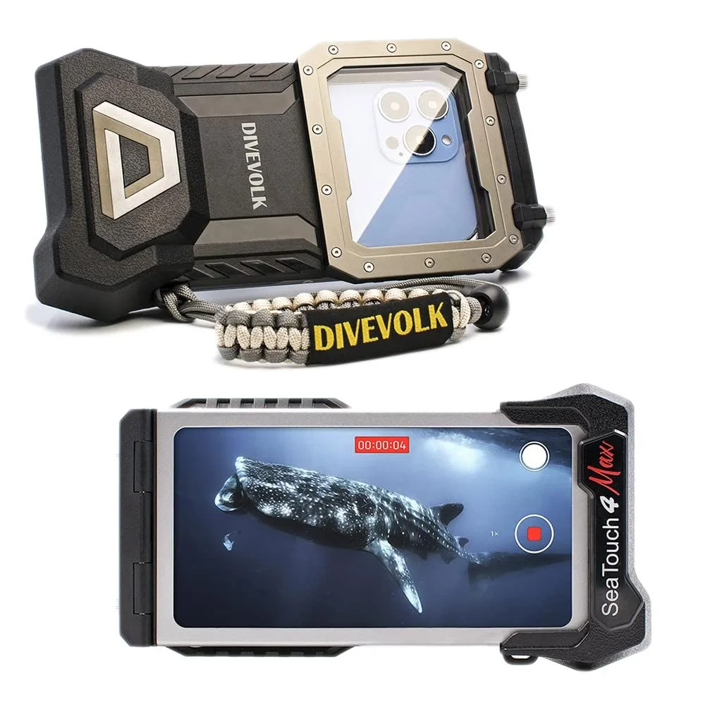 Divevolk SeaTouch 4 Max underwater phone housing shown from the back and touchscreen side