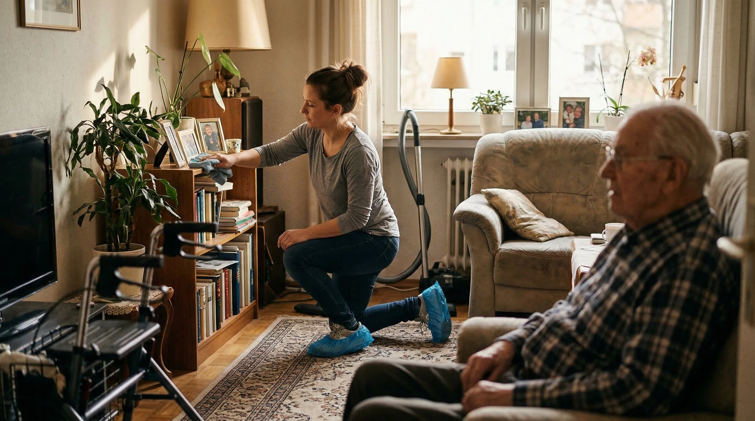 Pflegekraft reinigt die Wohnung für älteren Mann.
