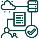 Diagram mit Cloud-Icon, verbunden mit einem Computerbildschirm, einer Person und einem Häkchen, symbolisiert digitalen Datenfluss oder Cloud-Computing.