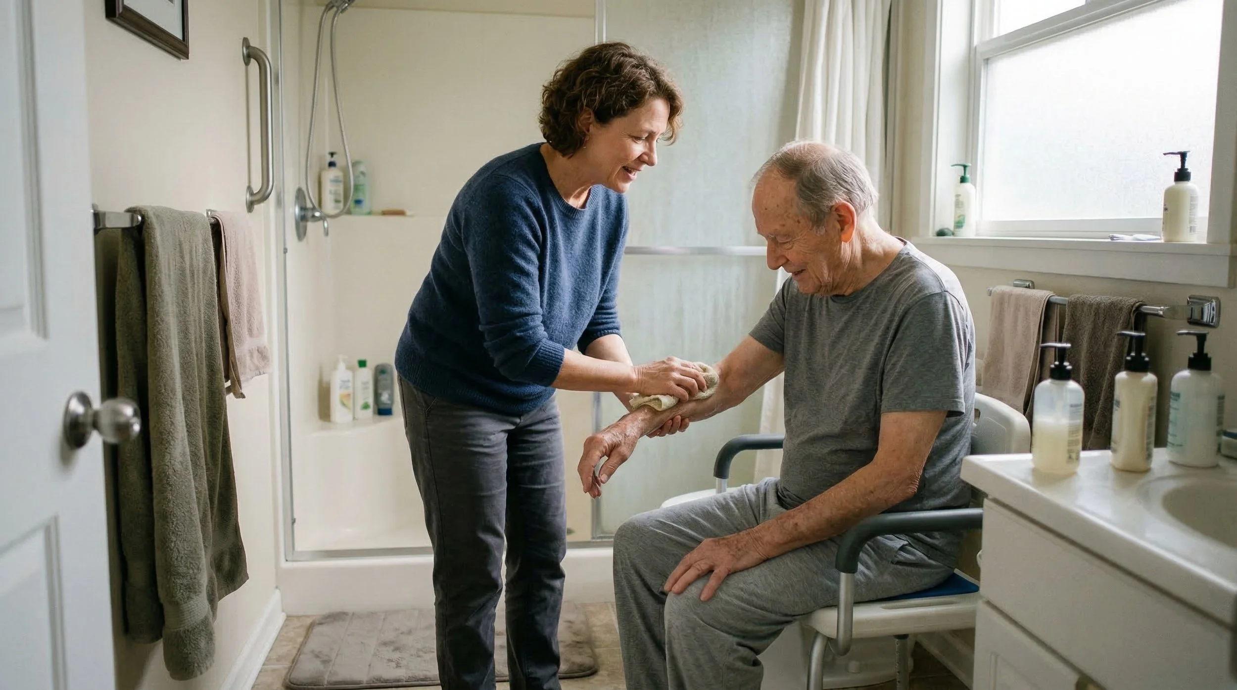 Eine pflegende Frau hilft einem älteren Mann im Badezimmer, indem sie seinen Arm mit einem Tuch abwischt, während er auf einem Stuhl sitzt.