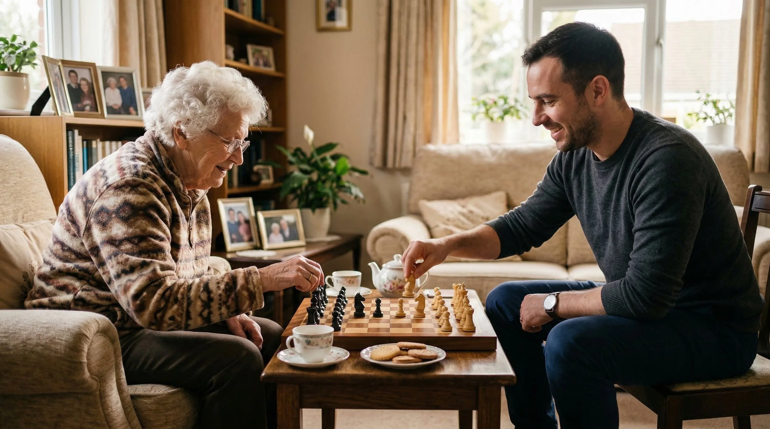 Ein älterer Mann und eine ältere Frau spielen zusammen Schach in einem gemütlichen Wohnzimmer, umgeben von Fotos und Pflanzen.