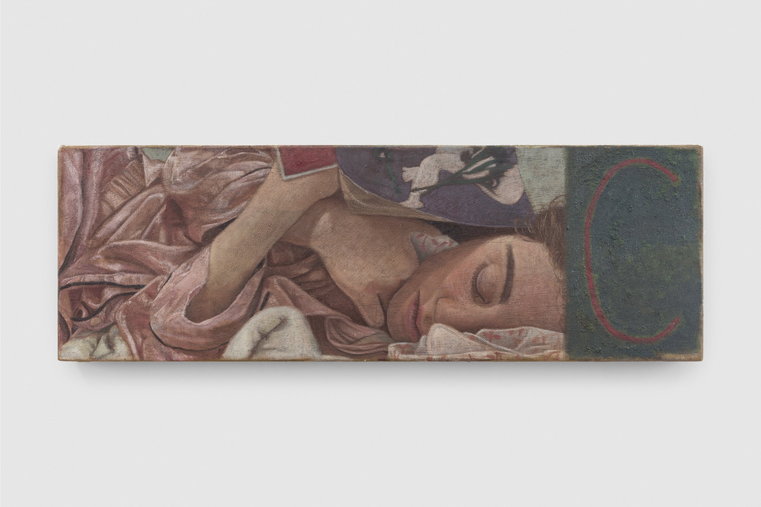 Image of oil paint portrait depicting a sleeping woman wearing pink PJs