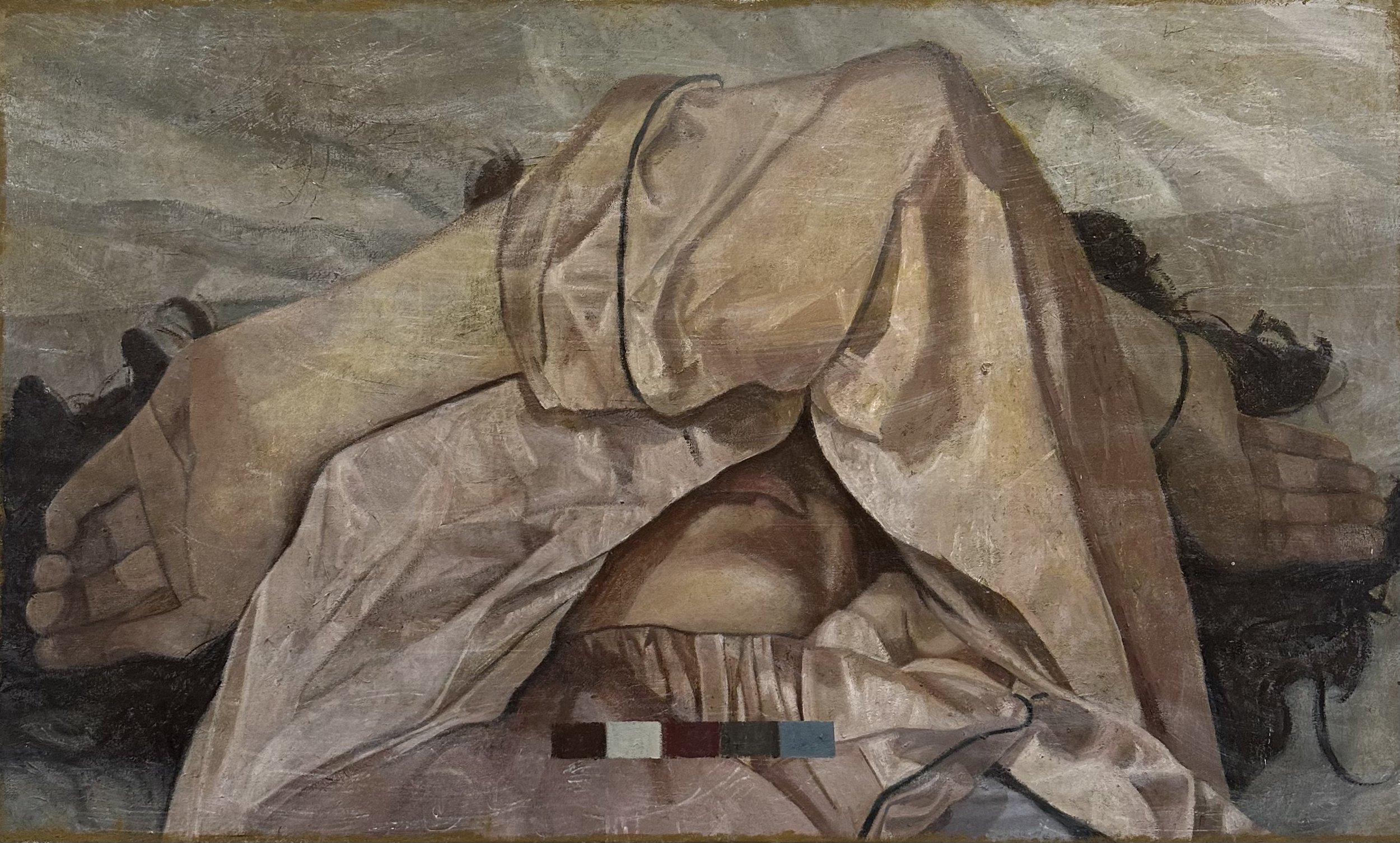 An image featuring an oil painting of a woman in silk pajamas covering her face with her arms. 