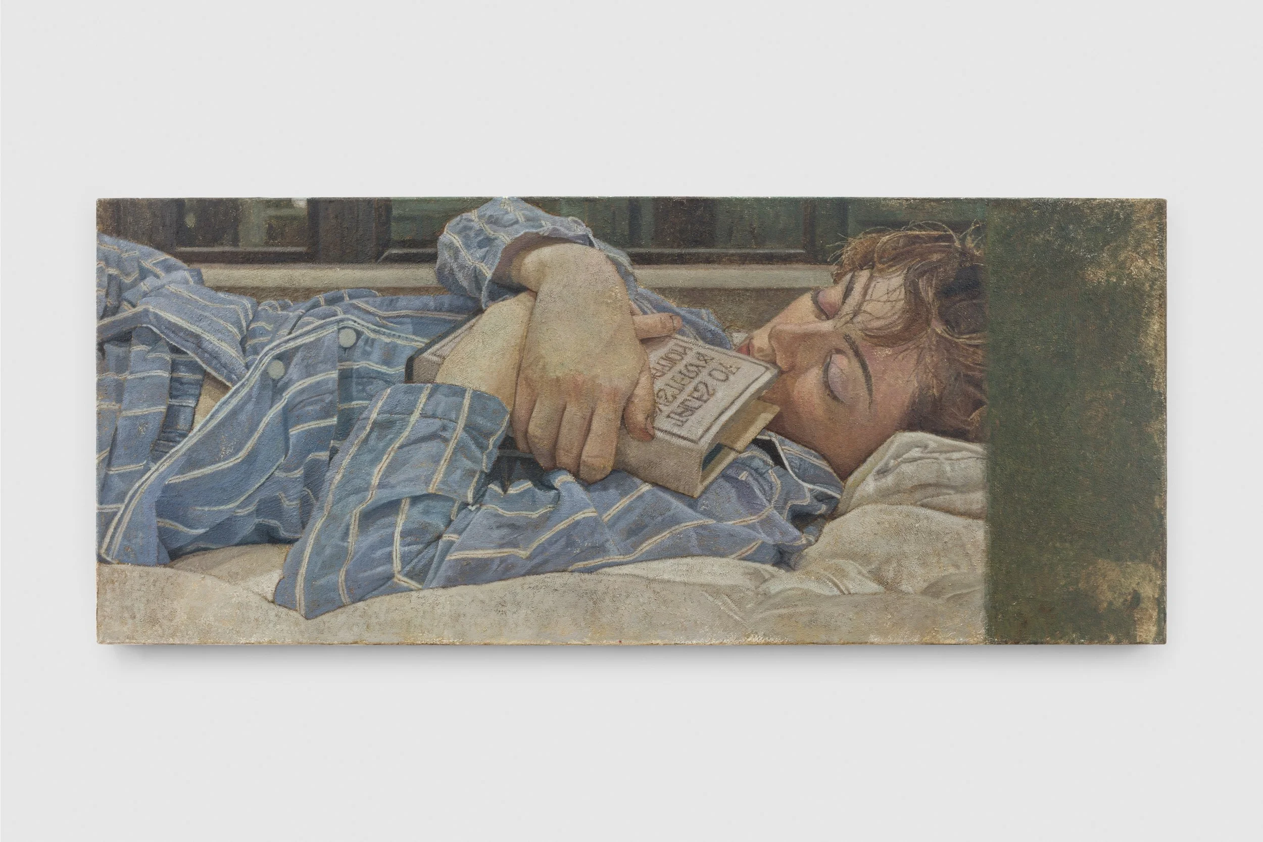 Image of oil paint portrait depicting a sleeping woman in striped pajamas. 