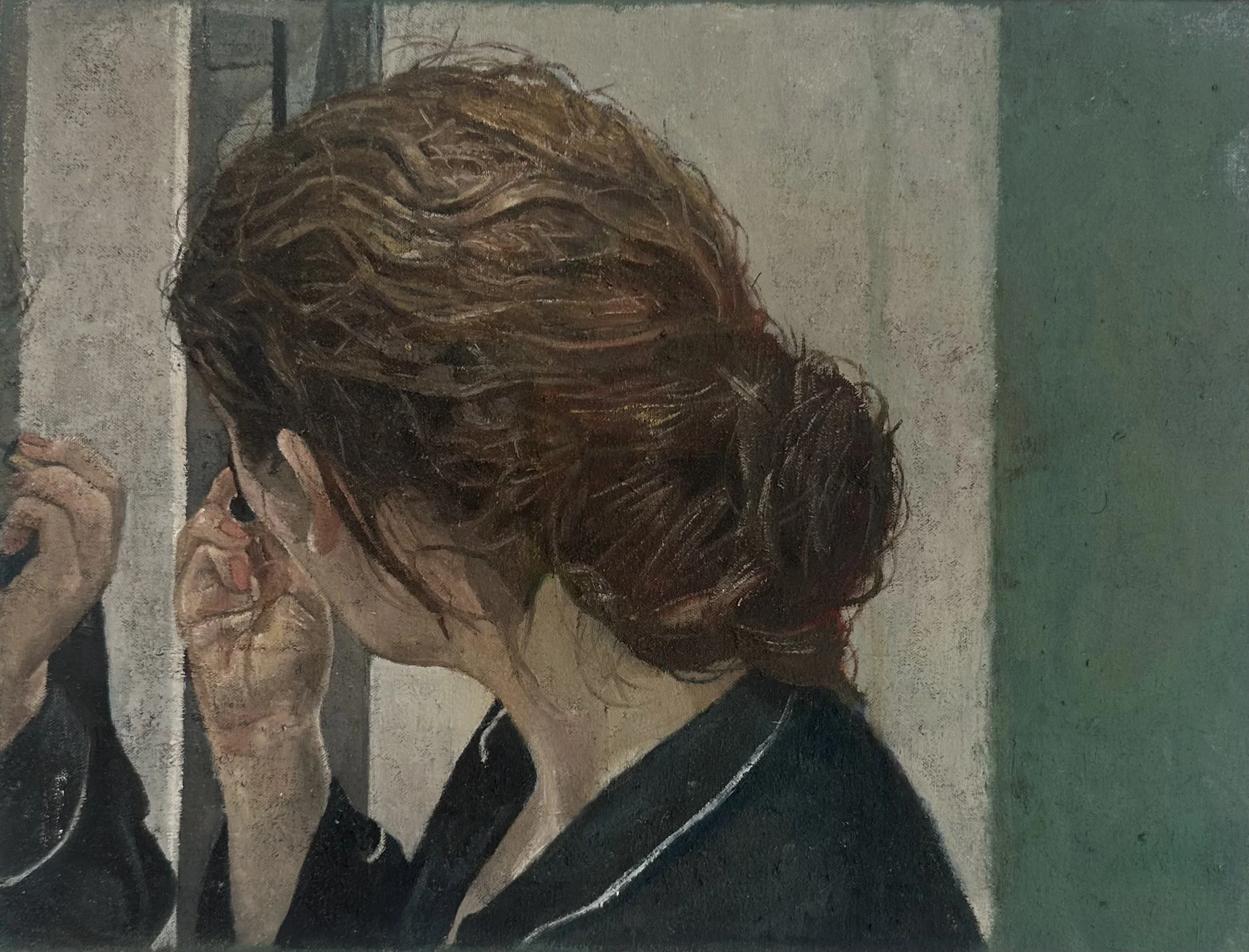 Image featuring an oil painting of a woman doing her make-up in front of a mirror. 