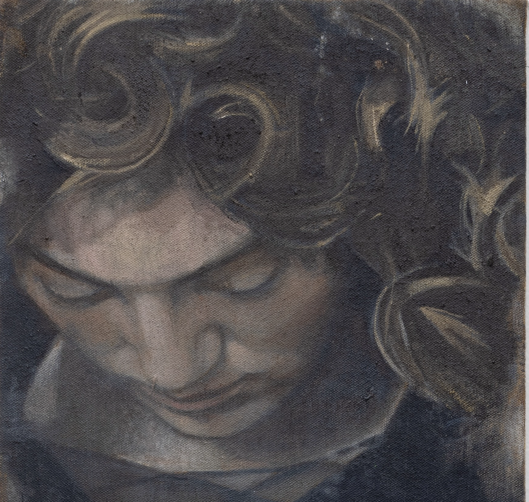 A close-up of a portrait in oil paint. 
