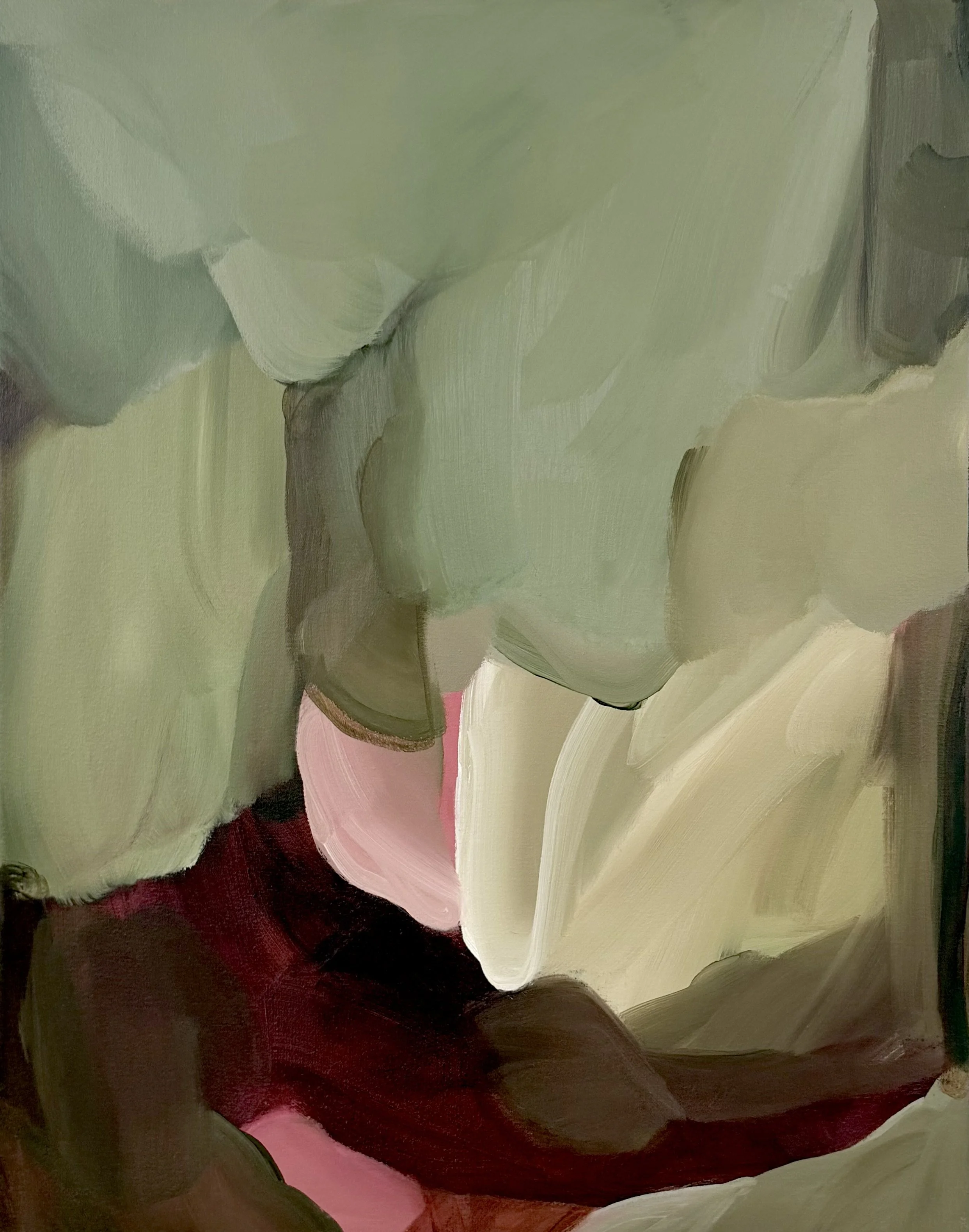 Bloom, 2026, acrylic on canvas, 70cm x 55cm. Soft greens surround a warm pink that radiates. Abstract by Carrie Jean Goldsmith