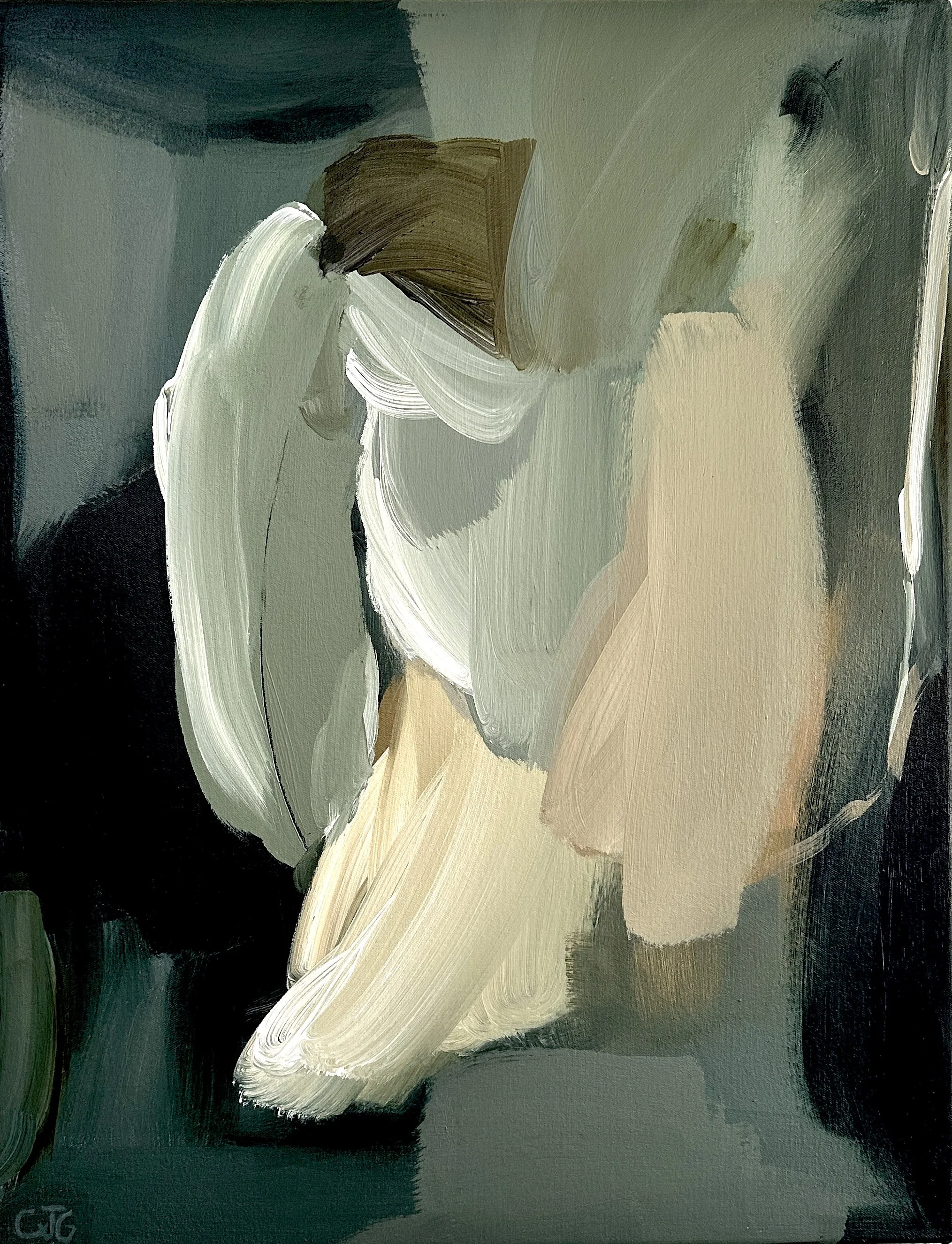 In Thought 2024 Mixed media on canvas 65cm x 50cm  Presented in a dark wood tray frame