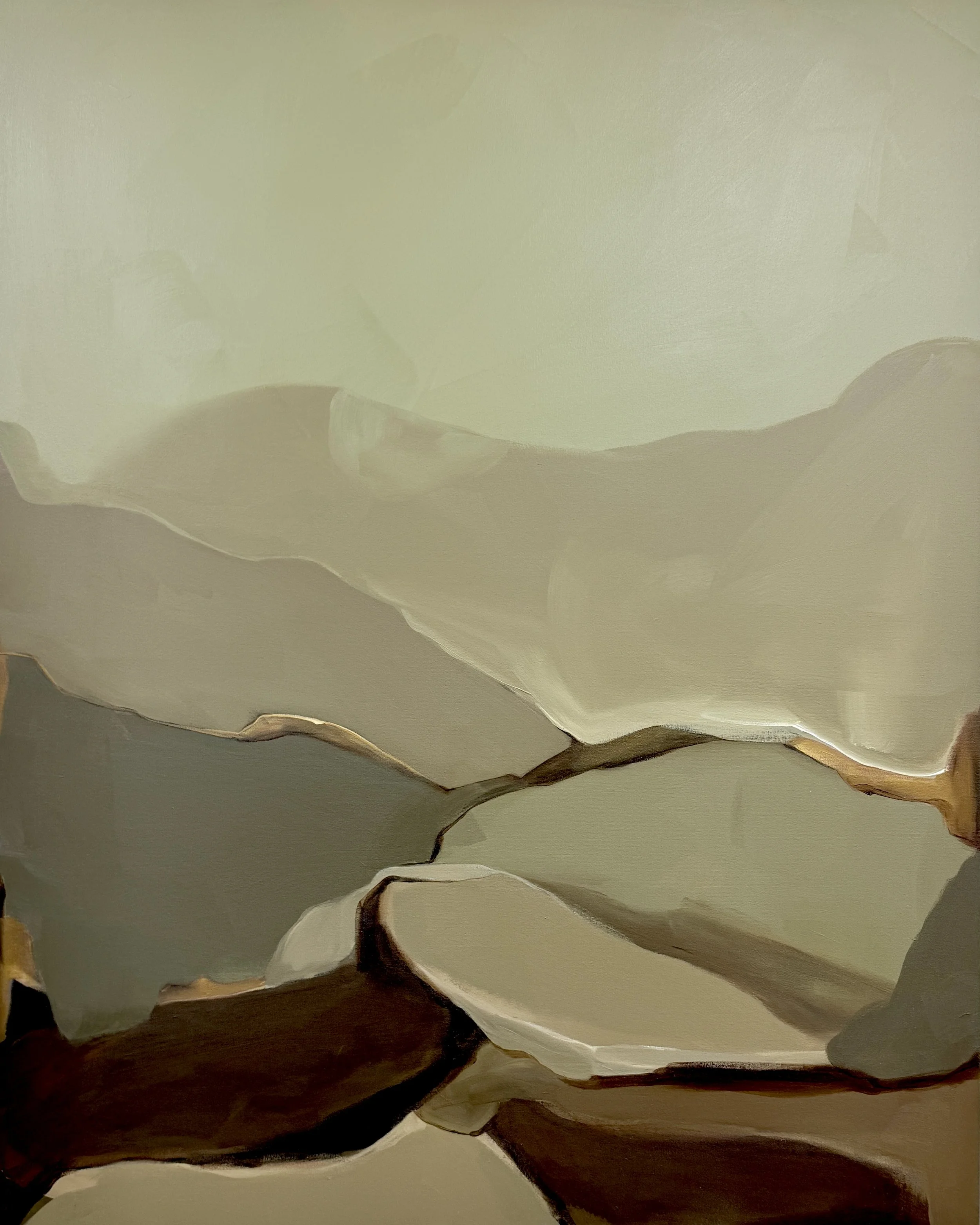 'Strata Lines' by Carrie Jean Goldsmith. Abstract painting in shades of green and umber with mixed brushstrokes and textures.