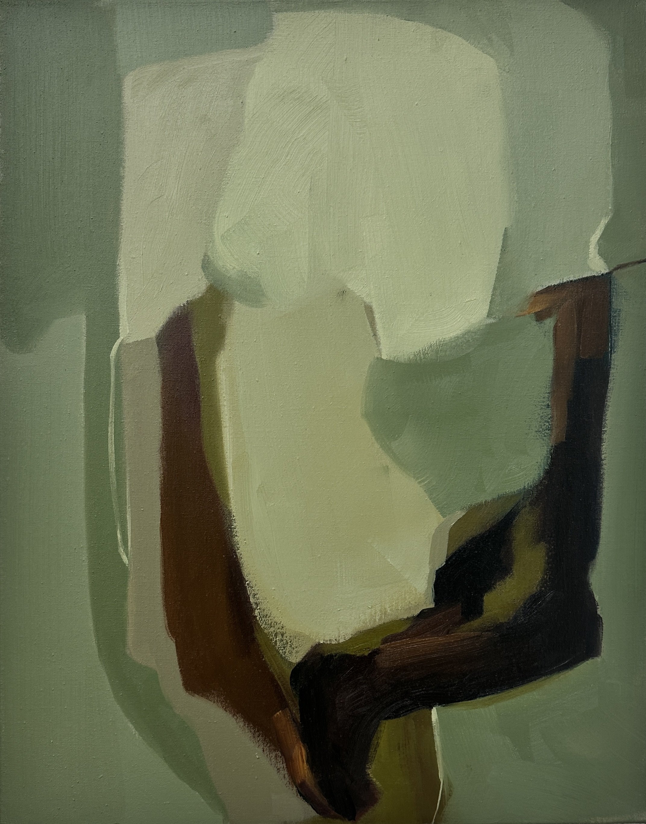 Abstract painting by Carrie Jean Goldsmith rendered in muted green, brown, and black tones.