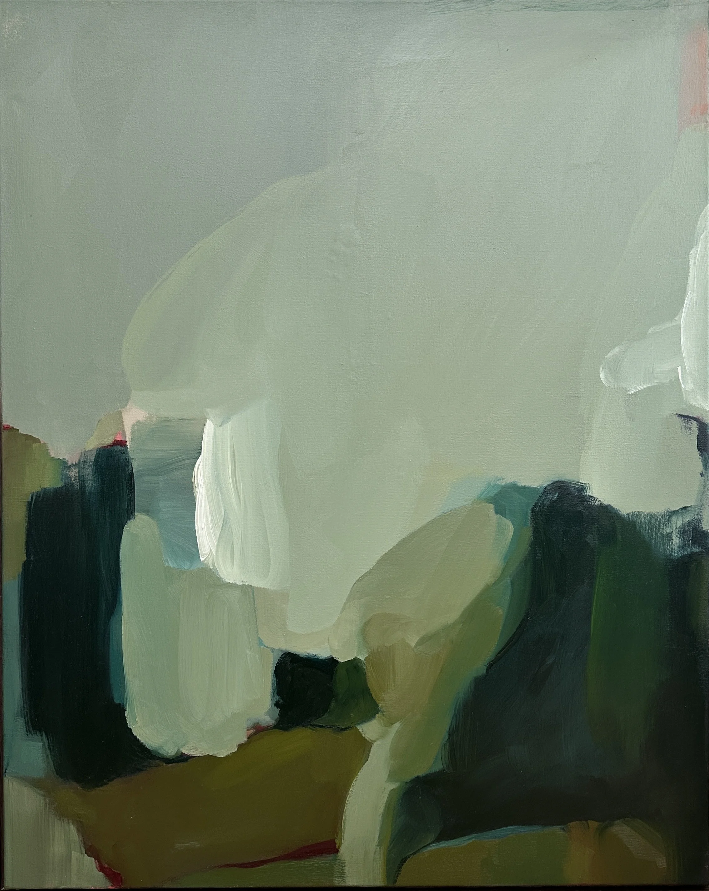 Abstract painting with broad brushstrokes in shades of green.