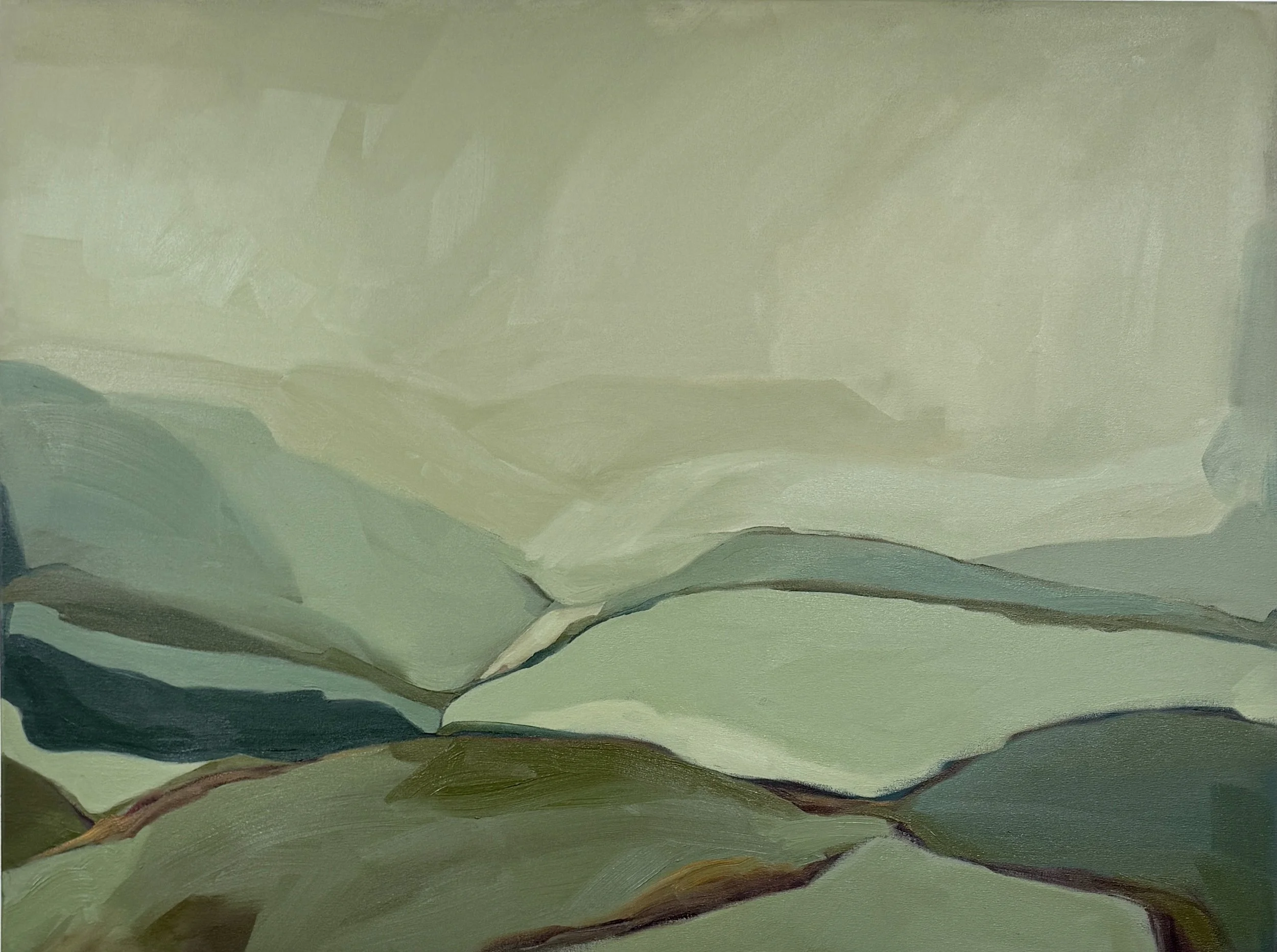 Eye Level, 2026, oil on canvas, 90cm x 120cm. Soft blue abstract landscape by Carrie Jean Goldsmith