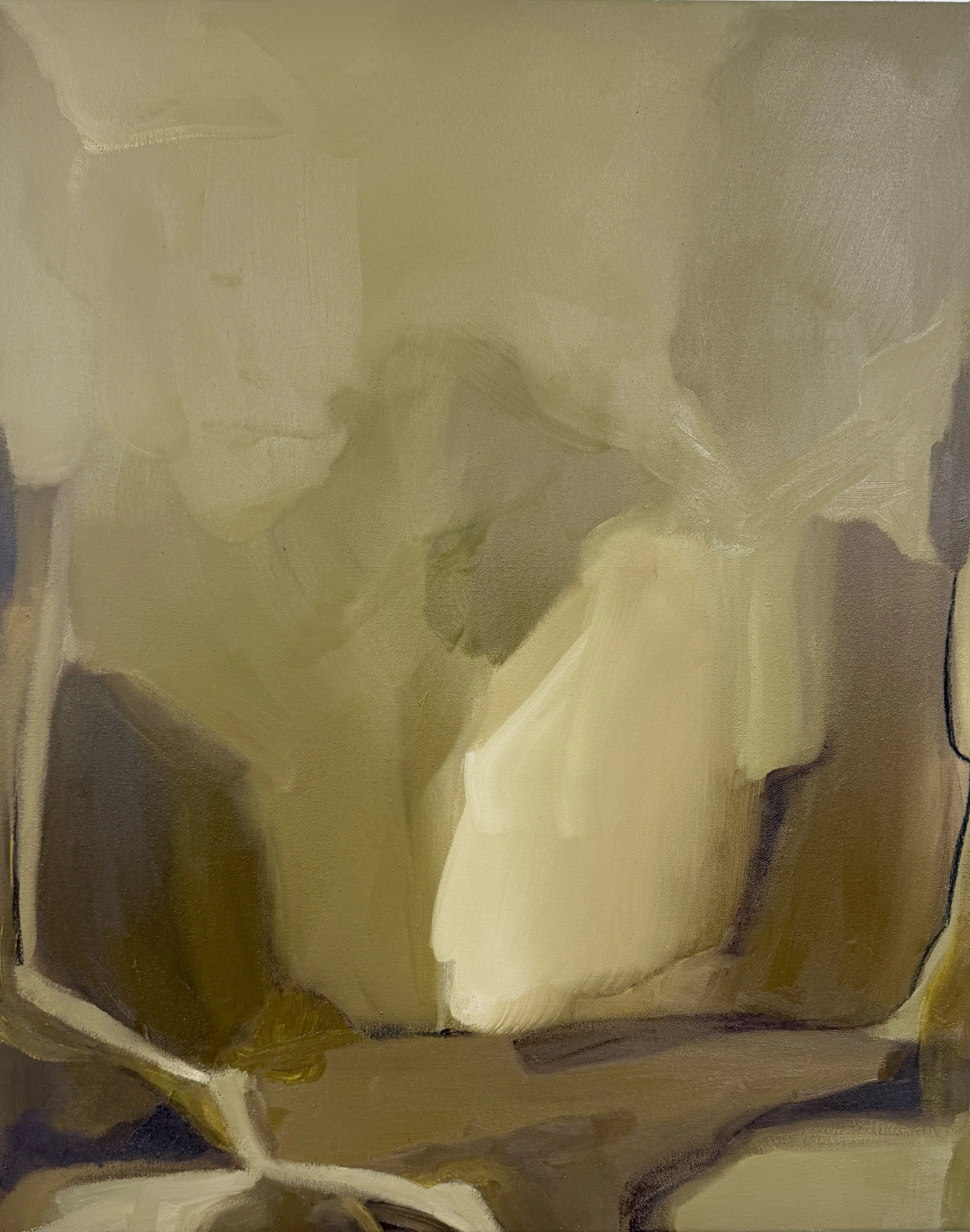 Muse, 2026, mixed media on canvas, 75cm x 60cm. Deep ochre, raw umber with a sense of light. Original painting by Carrie Jean Goldsmith