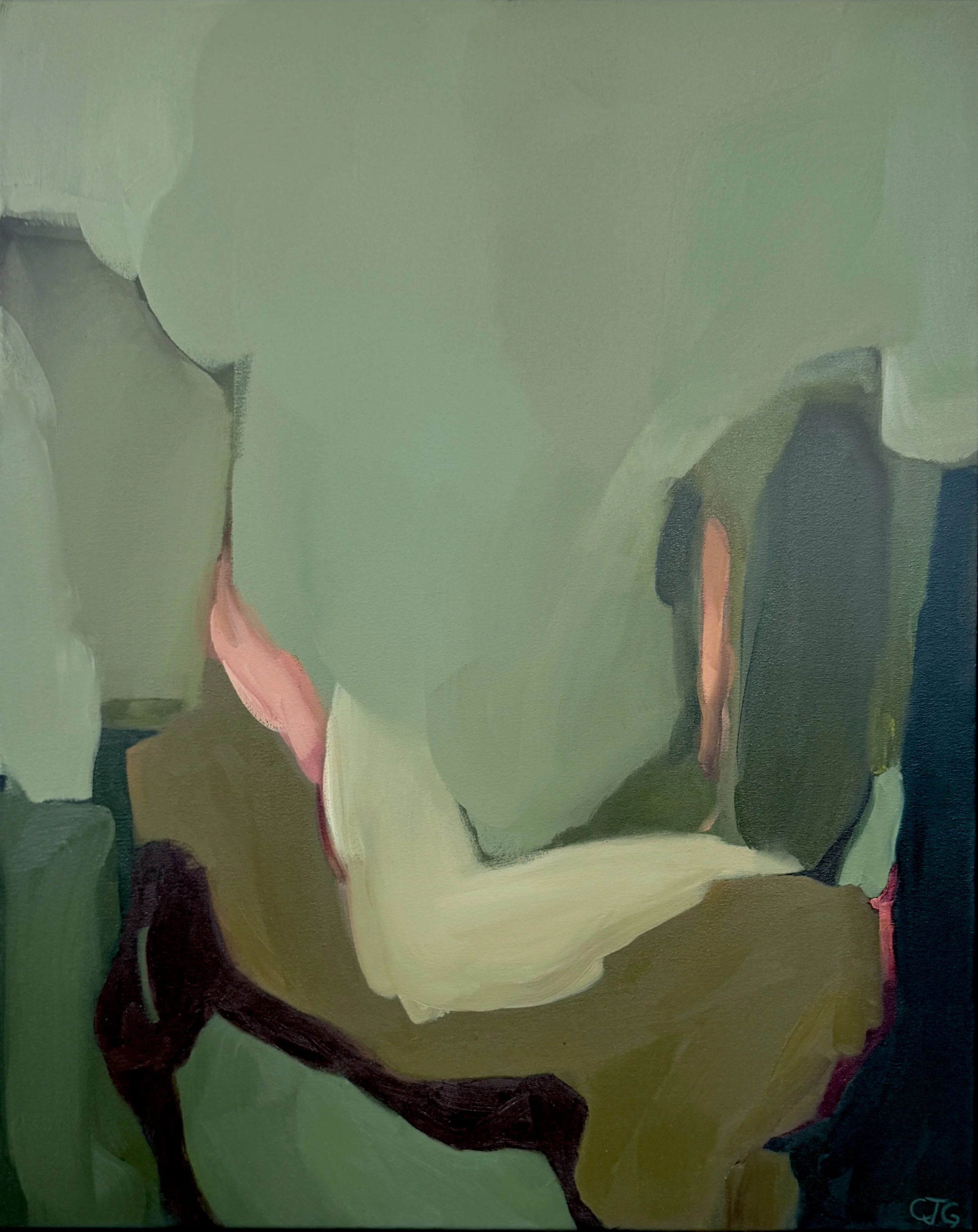 Midground, 2025, oil on canvas, 100cm x 80cm. Muted greens, soft pink, warm browns. Original painting by Carrie Jean Goldsmith