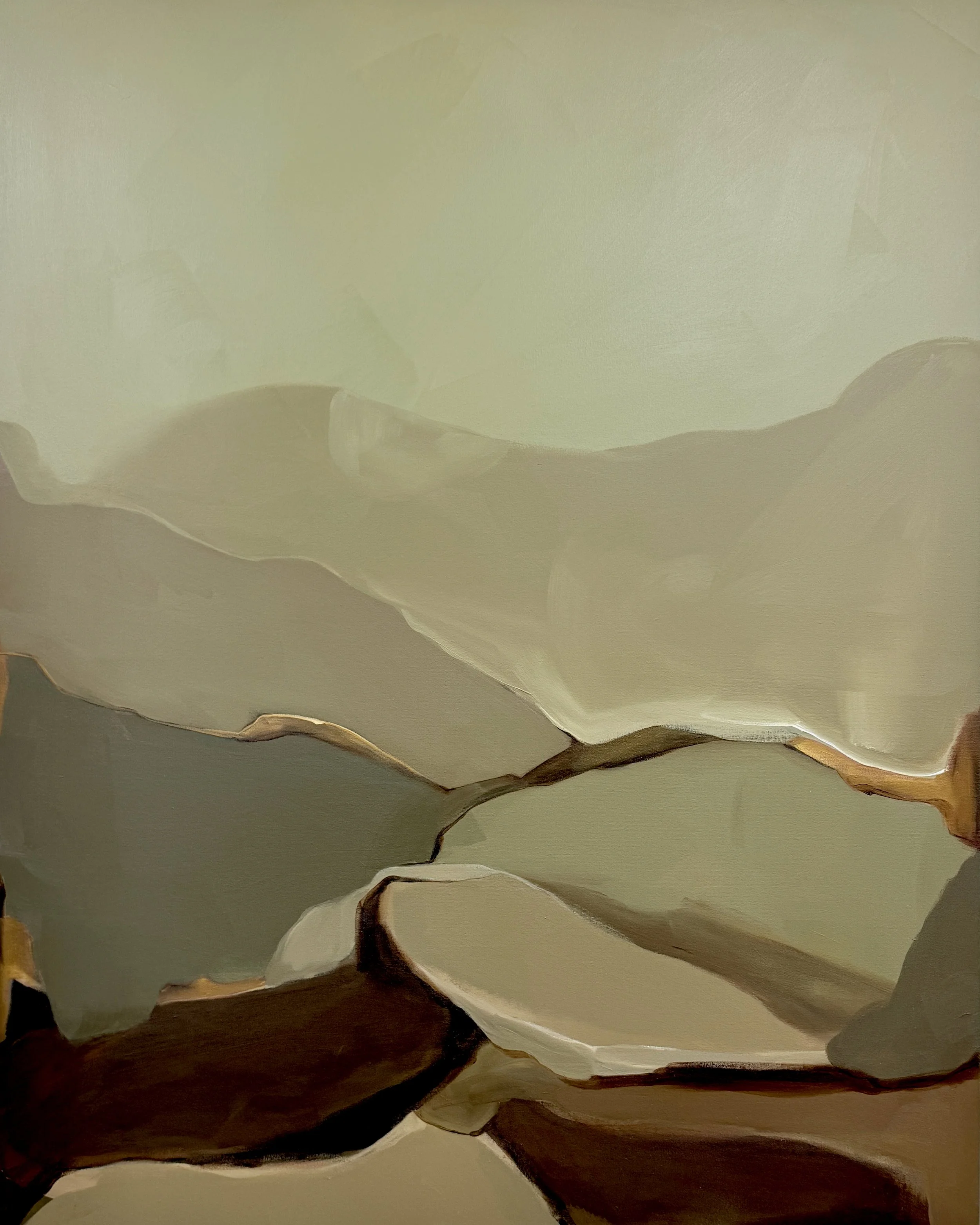 Strata Lines, 2025, large mixed media painting in muted tones. Presented in a dark wood tray frame - original artwork by Carrie Jean Goldsmith