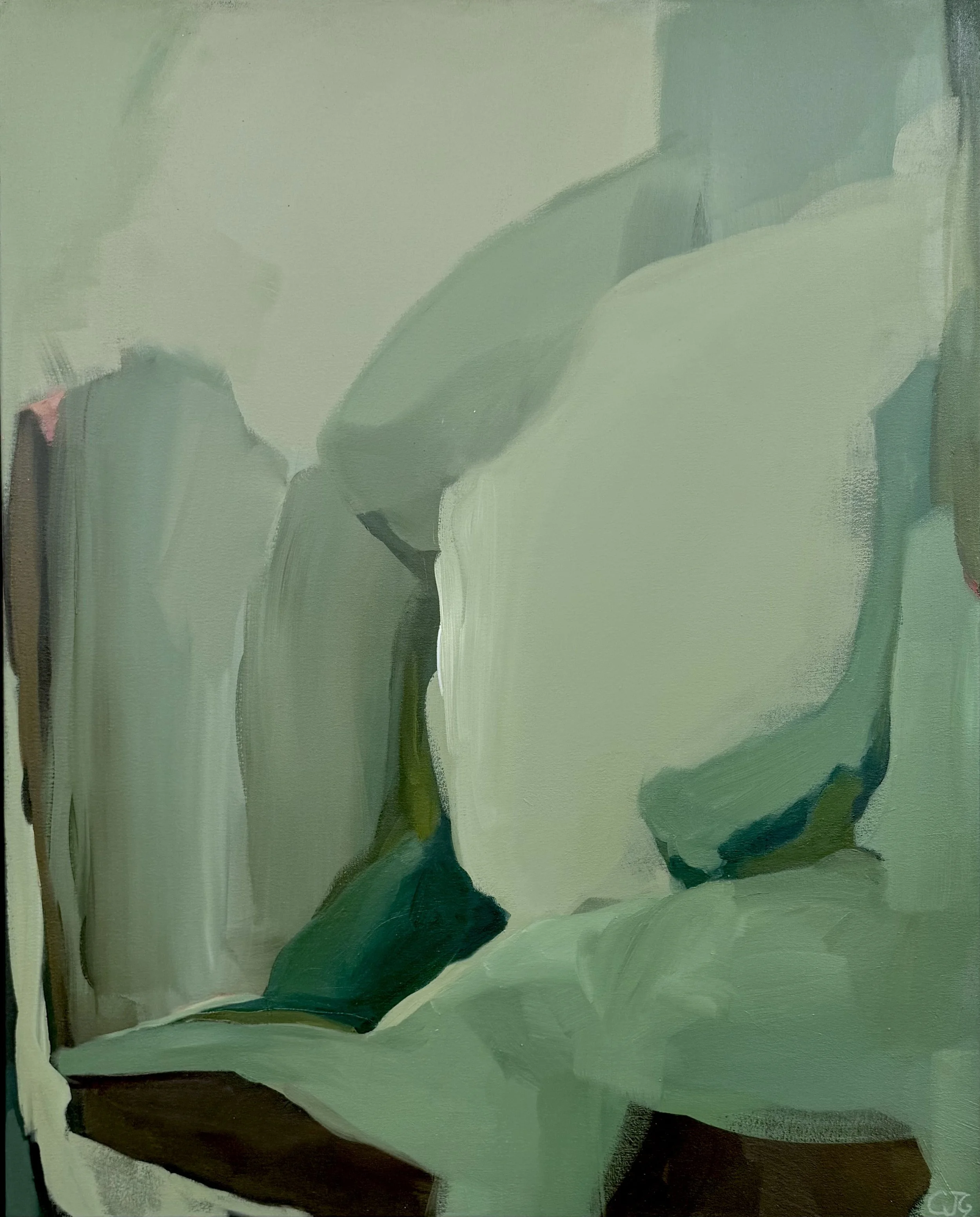 Dual Aspecy, 2026, oil on canvas, 100cm x 80cm. A range of soft blues and greens with a tiny hint of pink by Carrie Jean Goldsmith