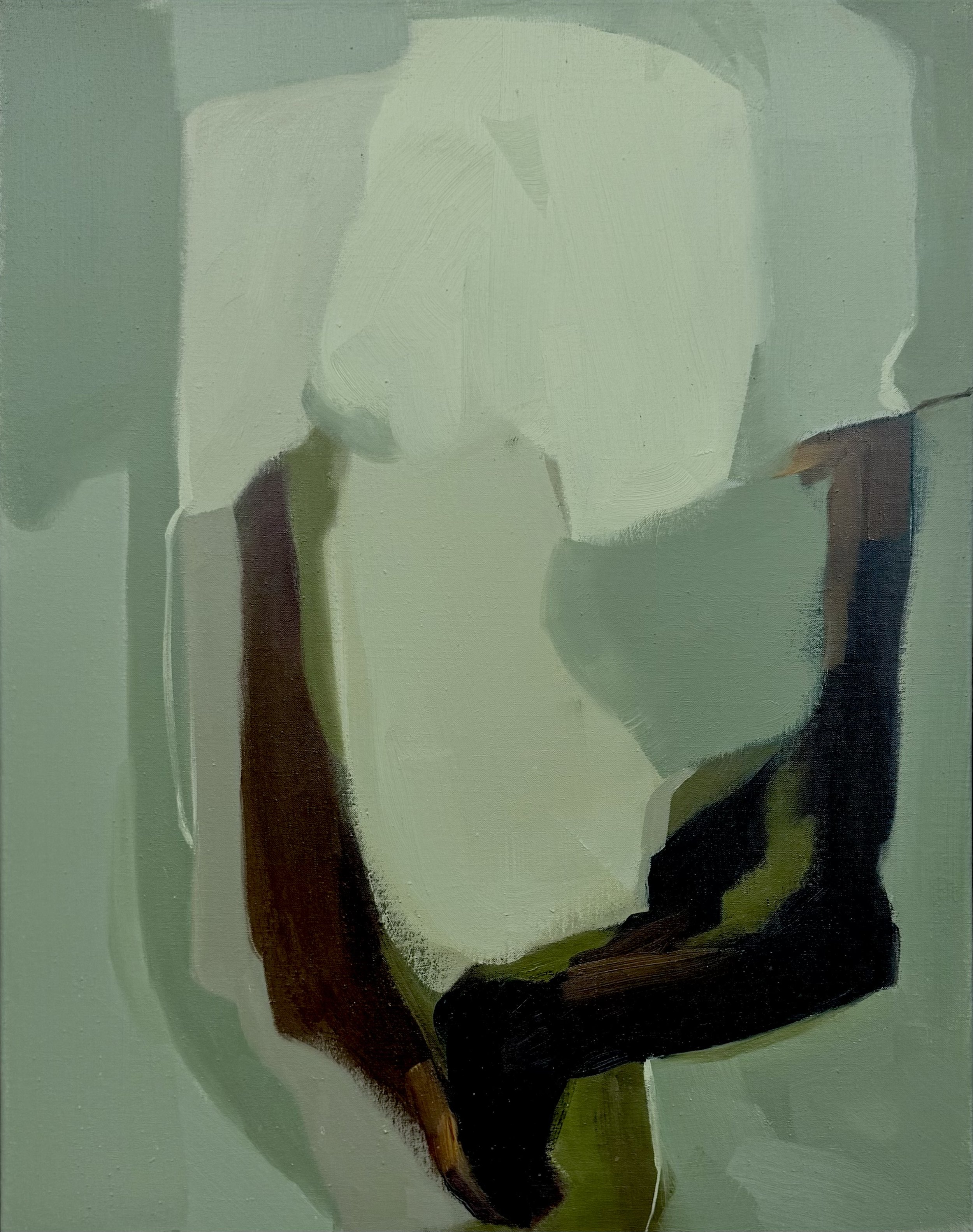 Transpire, 2025, oil on fine linen, 70cm x 55cm. A purely abstract painting featuring bold burnt umber and black tones blended with muted greens and blues by Carrie Jean Goldsmith