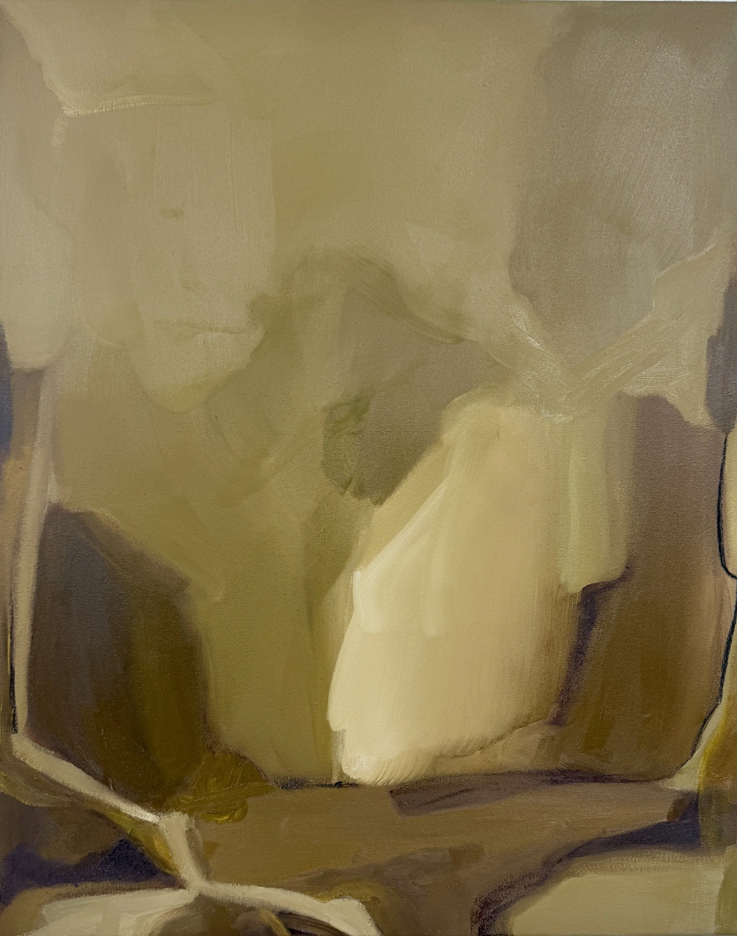 Muse, 2026, mixed media on canvas, 75cm x 60cm. Deep ochre, raw umber with a sense of light. Original painting by Carrie Jean Goldsmith