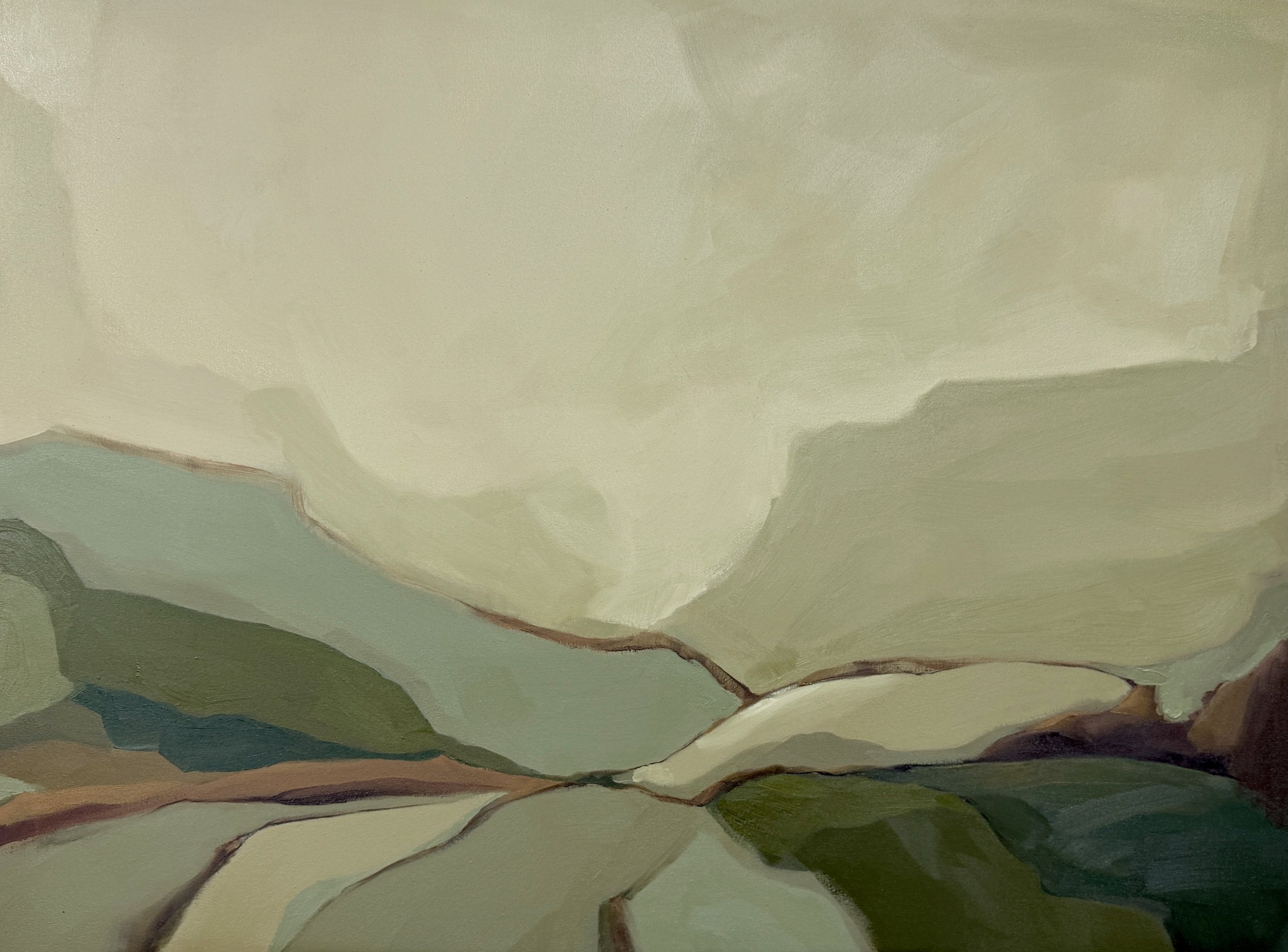 Pale Terrain, 2025, oil on canvas, 90cm x 120cm. Palette of soft green and blue. Abstract Landscape. Original painting by Carrie Jean Goldsmith