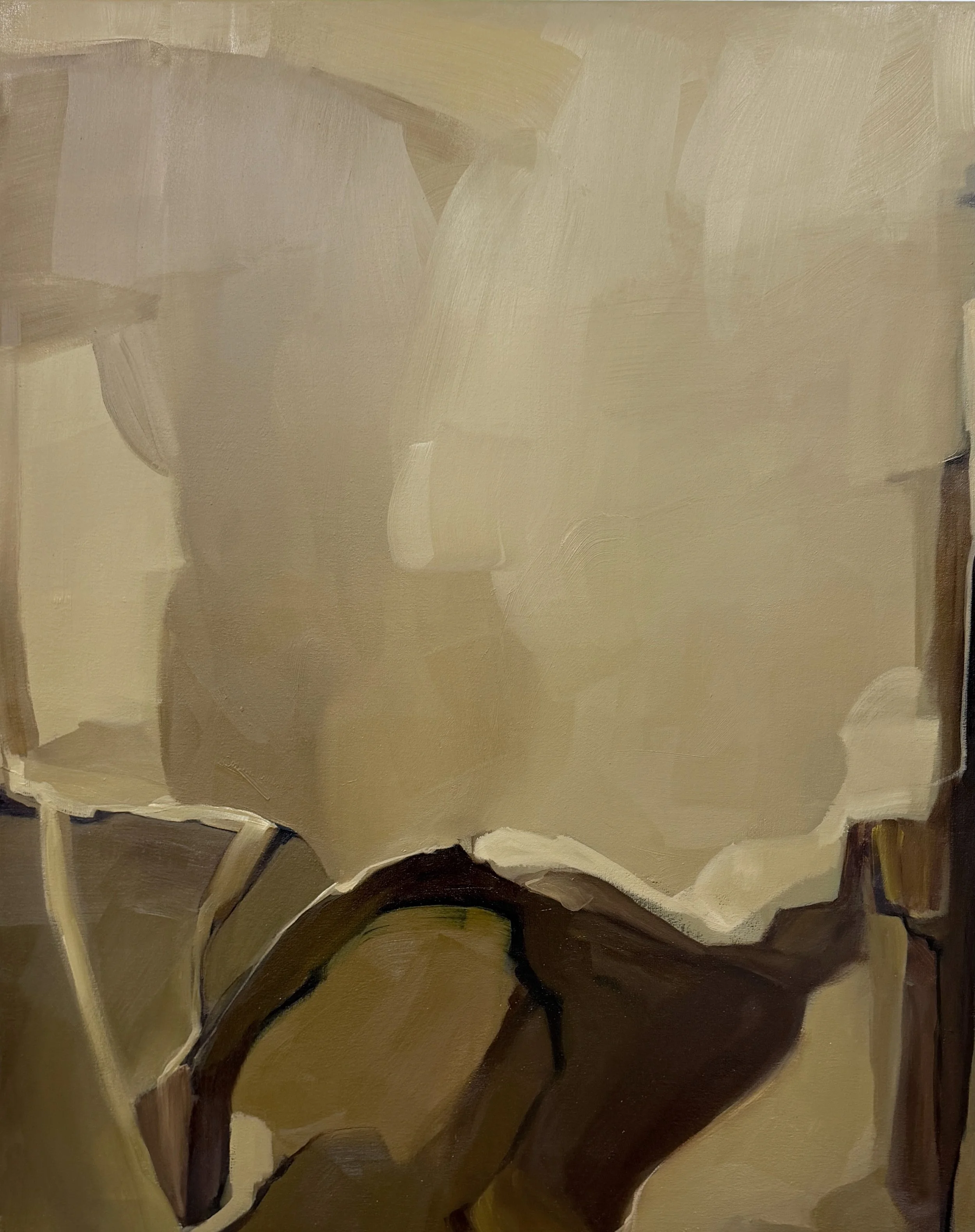 Tacit, 2025, oil on canvas, 100cm x 80cm. Dark shades of raw sienna, burnt umber and yellow ochre. Original painting by Carrie Jean Goldsmith