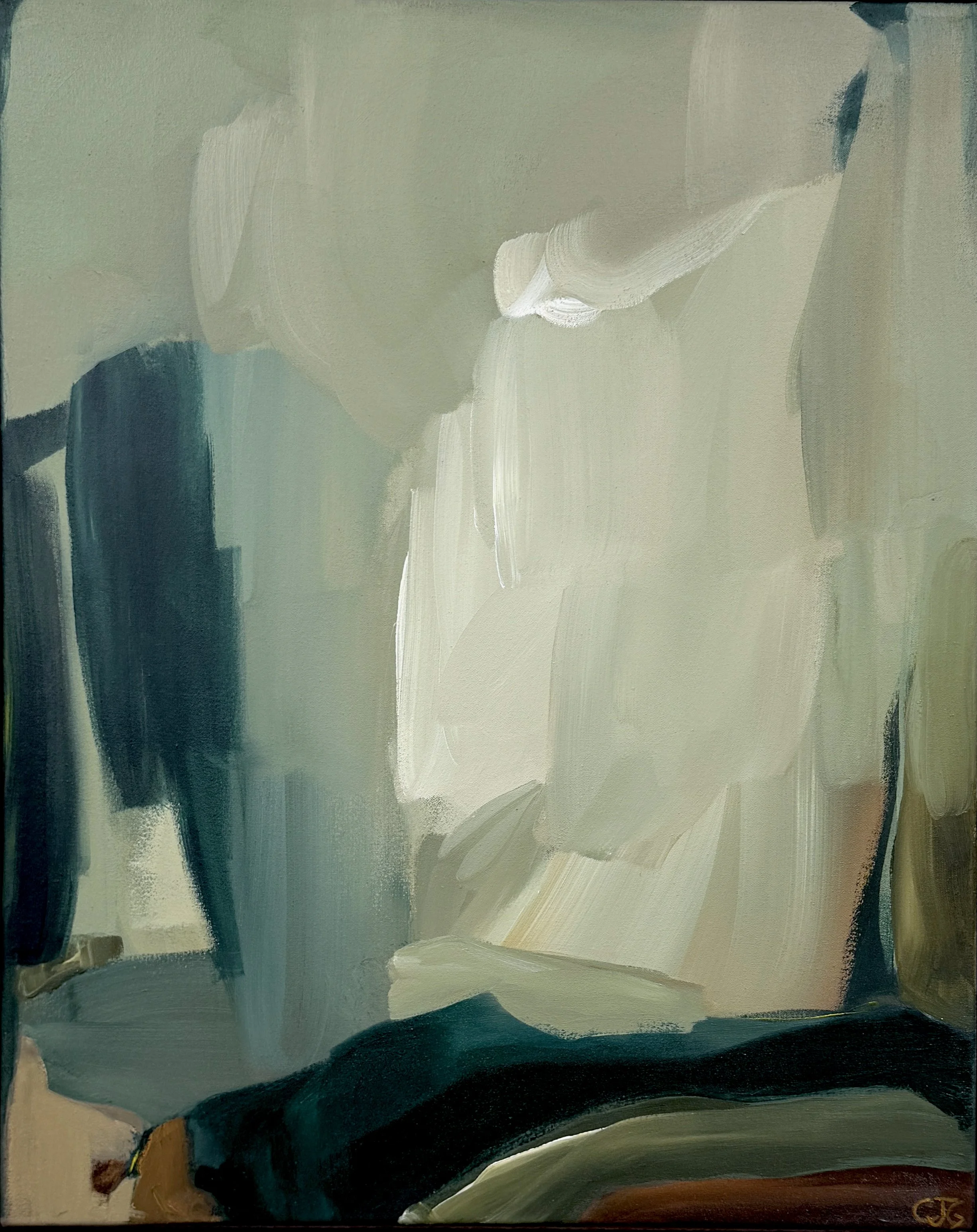 Still Space, 2026, mixed media on canvas, 75cm x 60cm. Deep blues and soft greens. Original painting by Carrie Jean Goldsmith