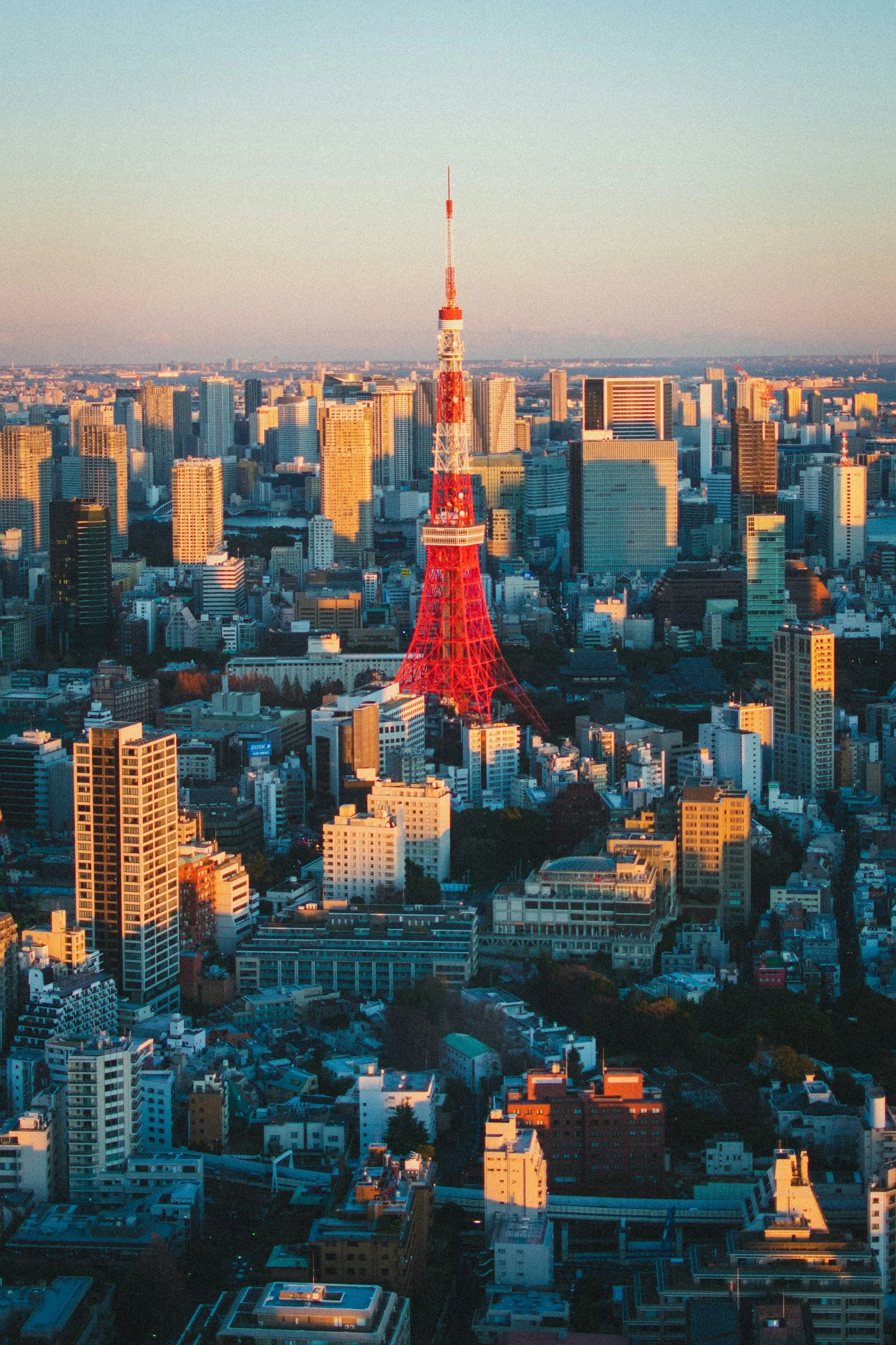 Aerial view of Tokyo skyline with red and white Tokyo Tower, surrounded by numerous skyscrapers during sunset.