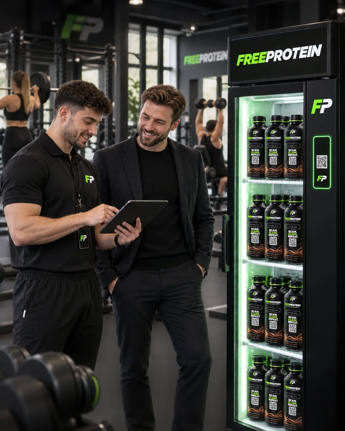 Gym operator reviewing a FreeProtein fridge stocked with the consistent branded bottle.