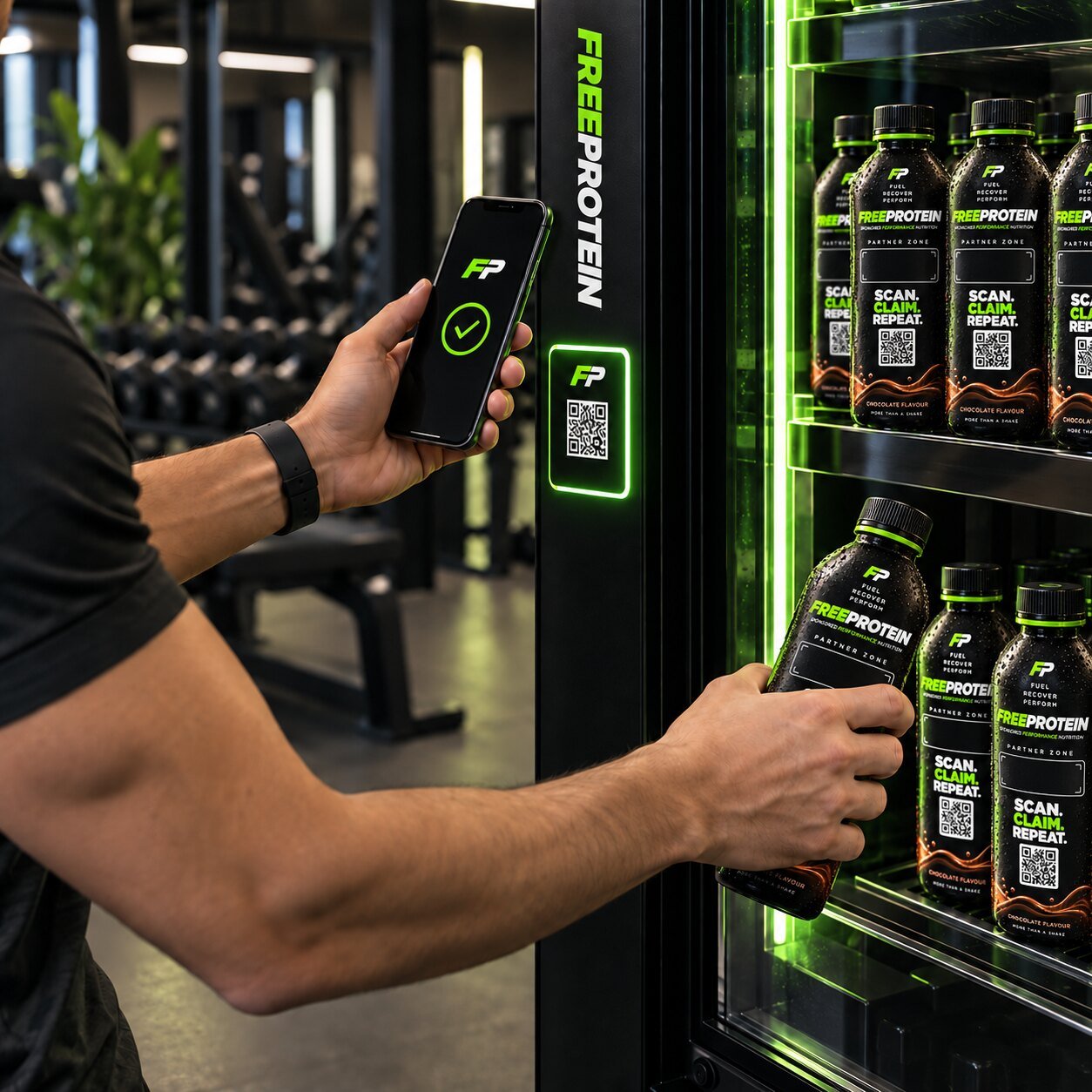 Gym member scanning to claim a FreeProtein drink from a branded in-gym fridge.