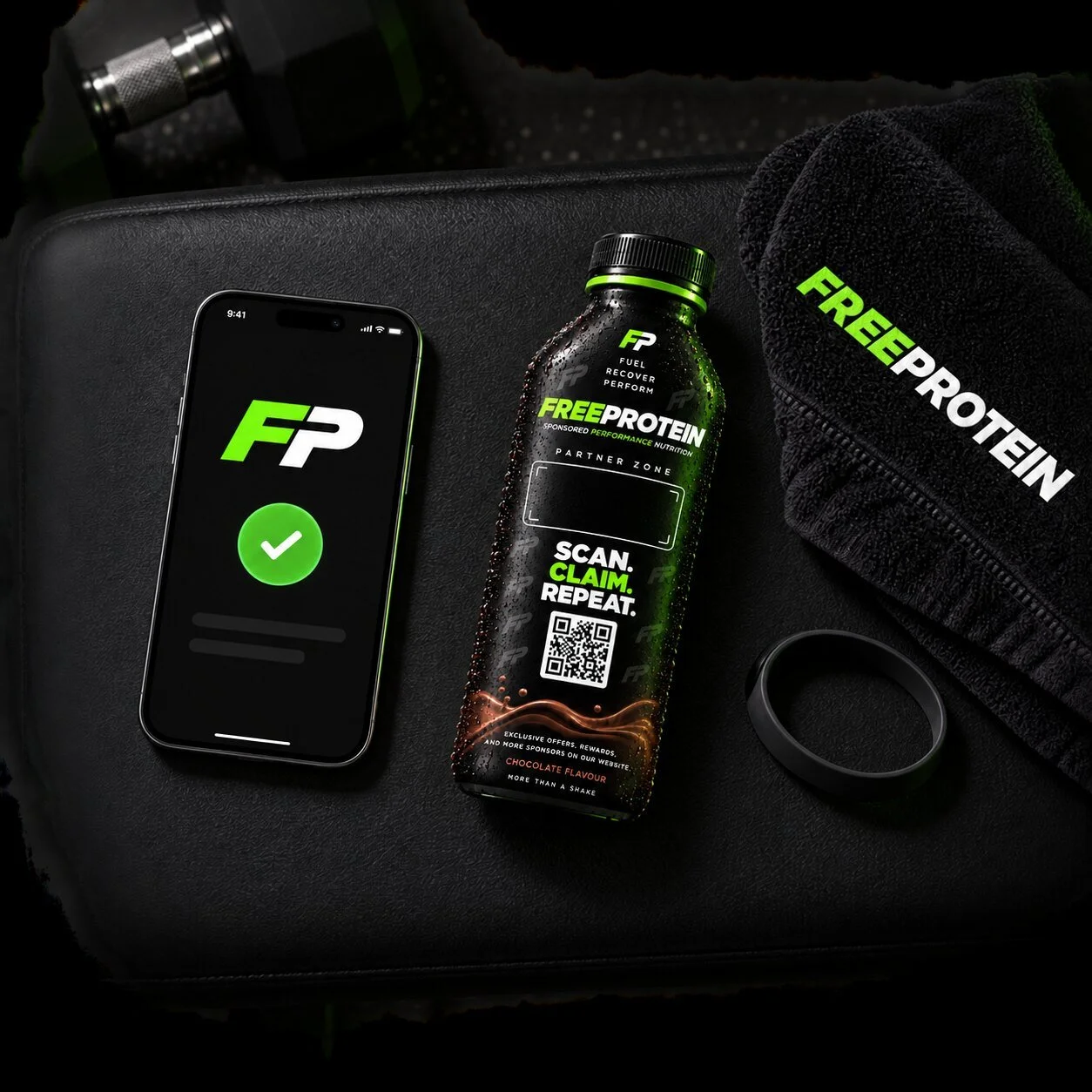 FreeProtein digital claim confirmation beside the consistent branded bottle on a gym bench.