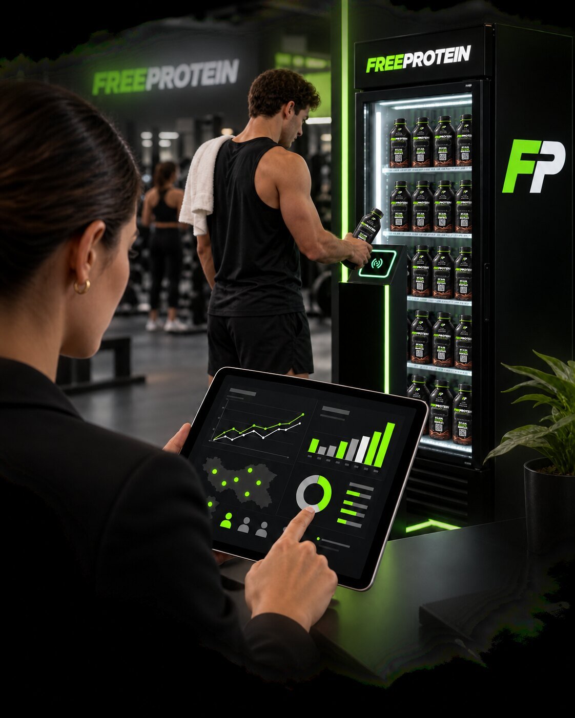 Brand partner viewing FreeProtein campaign engagement while a member holds the consistent branded bottle.