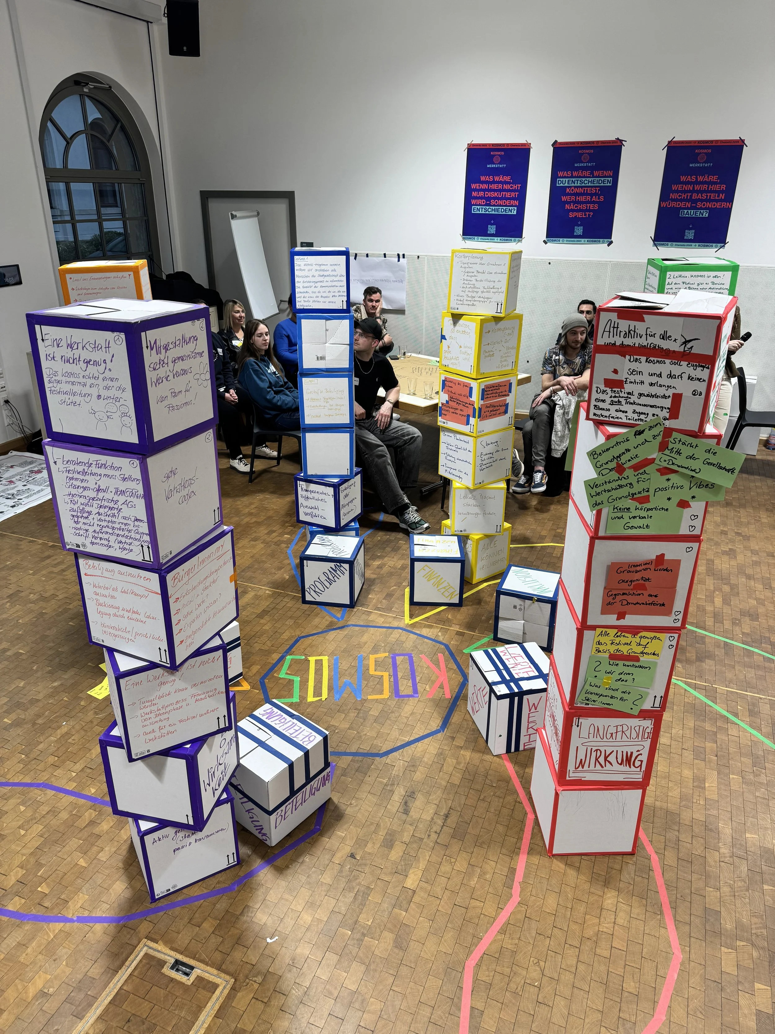 Gruppen von jungen Menschen sitzen in einem Raum, umgeben von bunt beschrifteten Ständern und Postern, die Diskussionsthemen präsentieren, im Hintergrund sind blaue Banner an der Wand.