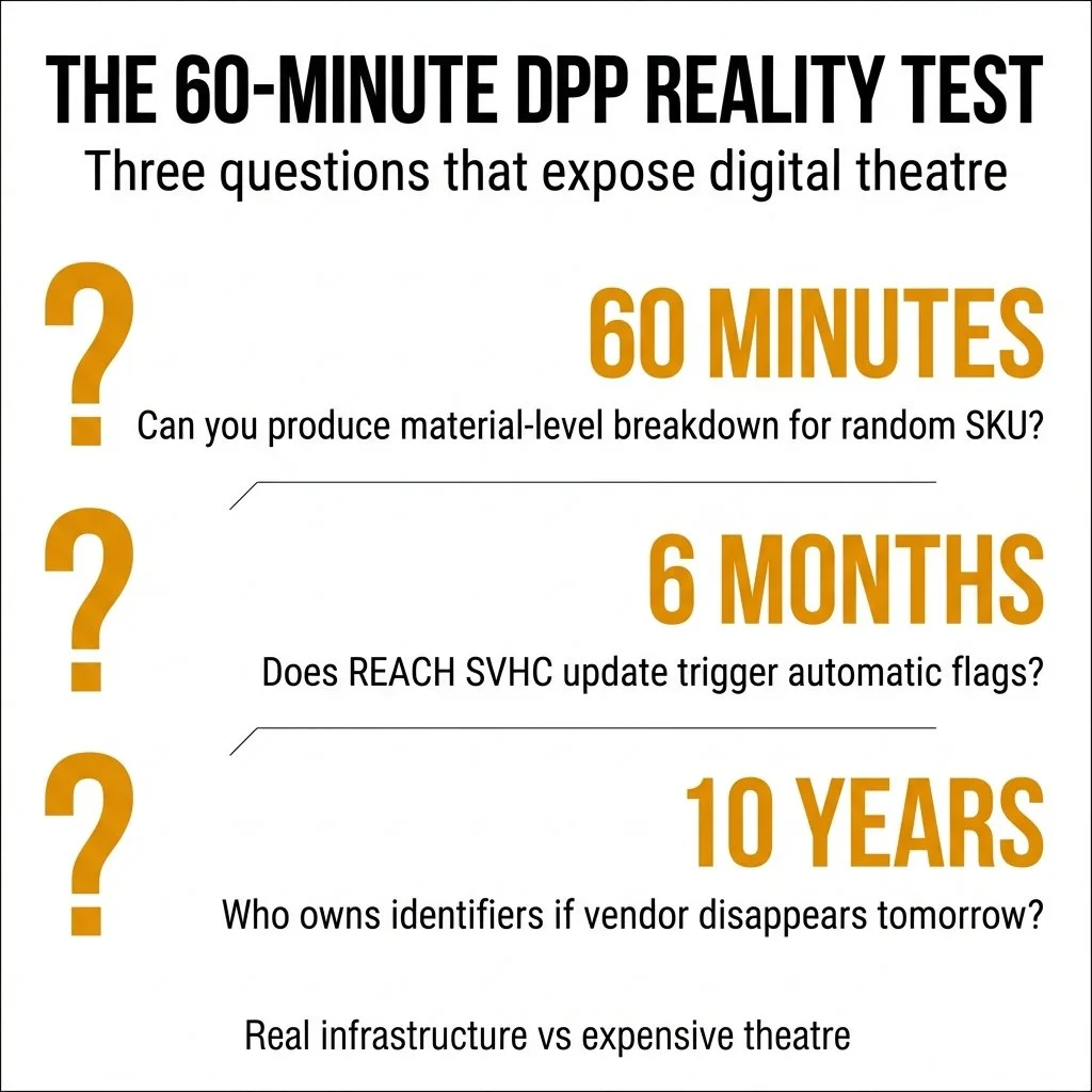 Move beyond vague Digital Product Passport assurances. These three questions will transform your board meeting discussions, revealing undeniable transparency or exposing costly illusions.

Most boards are looking at expensive theatre. A dashboard wit