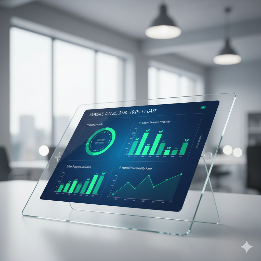 Futuristic digital tablet displaying environmental data graphs and charts in a modern, well-lit office environment.