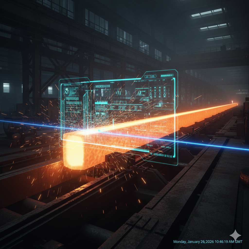 A futuristic industrial scene showing a computer screen displaying data and graphs, with sparks and bright light effects indicating a high-energy process, inside a large warehouse or factory.