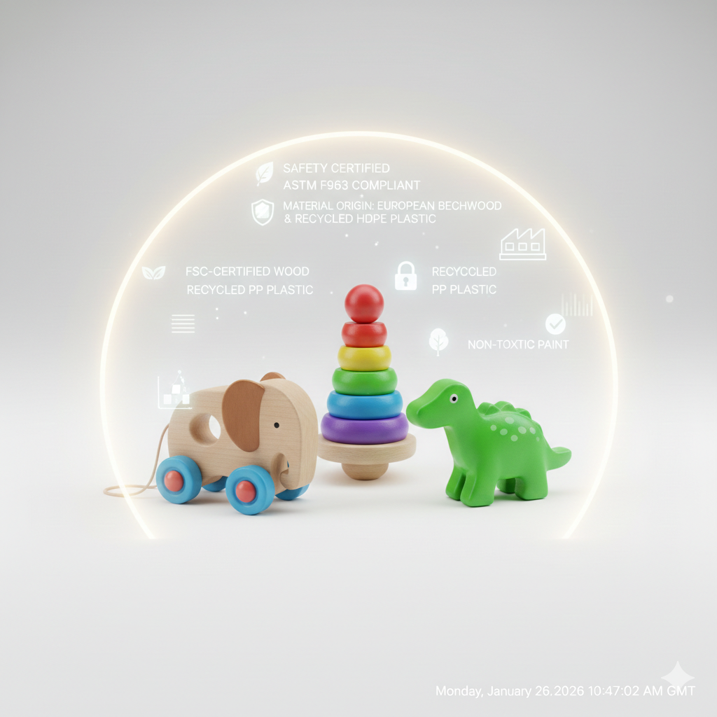 Colorful wooden toys including an elephant, a stacking ring tower, and a green dinosaur, with safety and material icons overlayed in a circular design.