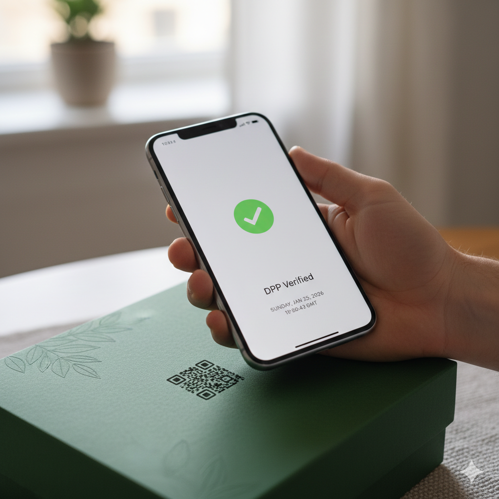 Hand holding a smartphone displaying a green checkmark and the text 'DPP Verified,' with a date and time, above a green box with a QR code.