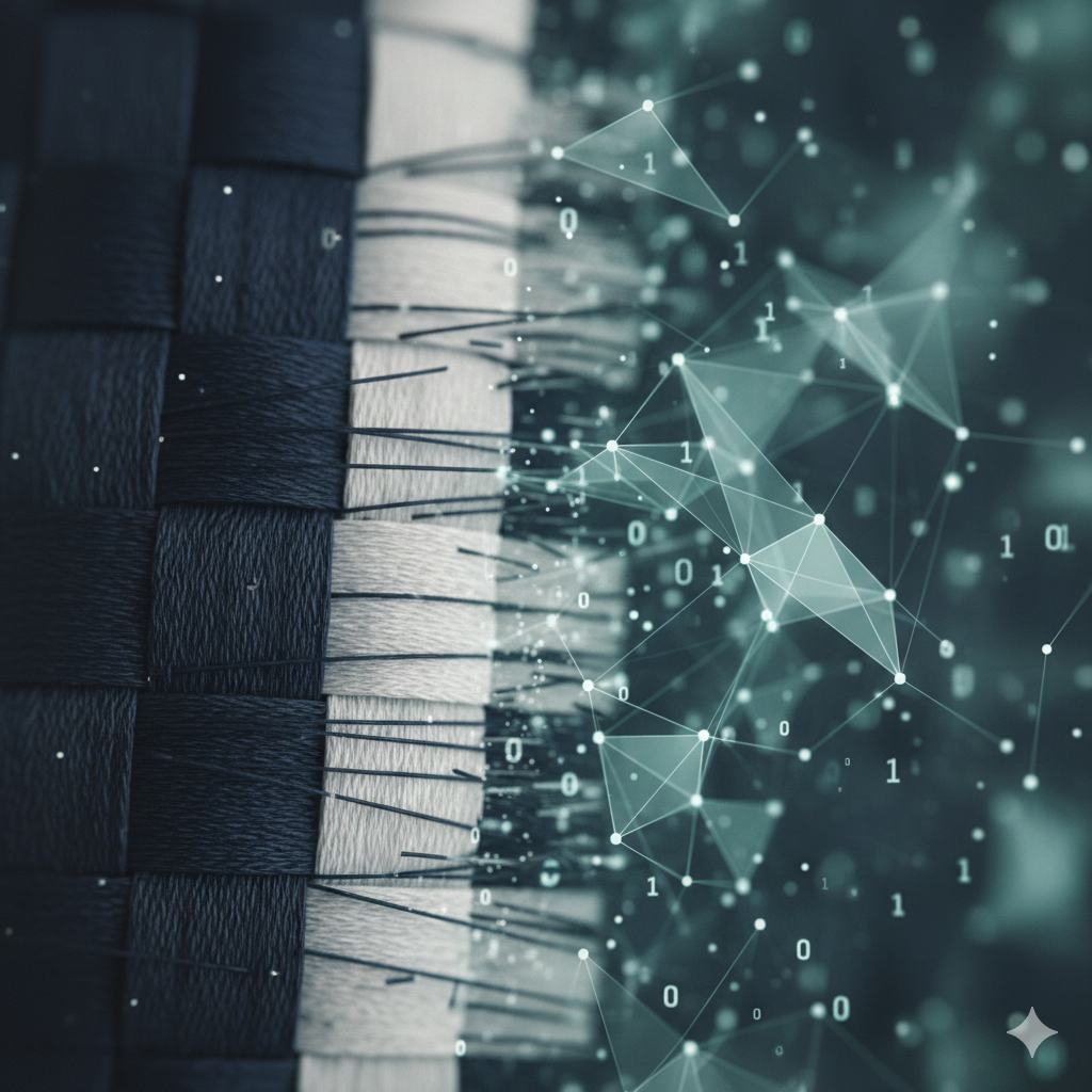 Close-up of sewing pins and fabrics with digital binary code and network visualization overlay.