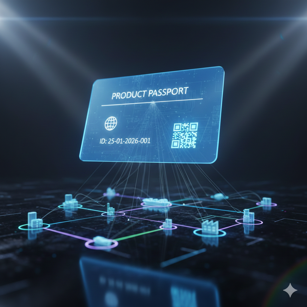 A digital hologram of a product passport card with ID, QR code, and globe icon, floating above a network of interconnected digital icons representing technology and connectivity.
