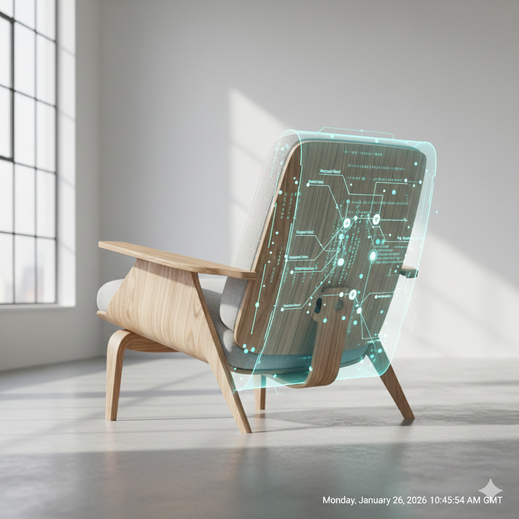 A wooden armchair with light gray cushions in an empty room with large windows. There is a holographic futuristic display of a digital interface floating beside the chair.