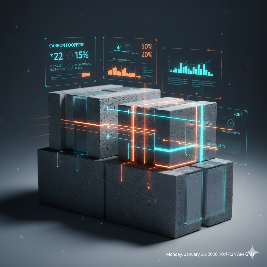 Concrete bricks with holographic data displays about carbon footprint, energy consumption, and statistics.