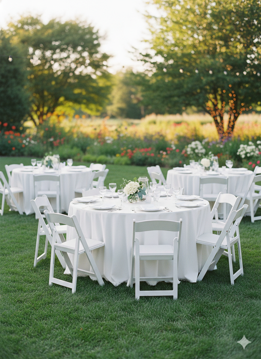 Outdoor wedding reception setup with white round tables covered in white tablecloths, white folding chairs, and floral centerpieces, set on green grass with trees and colorful flowers in the background.