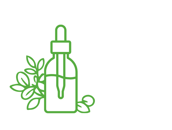 Illustration of a medicine bottle with a leaf label, next to a cluster of leaves and a flower