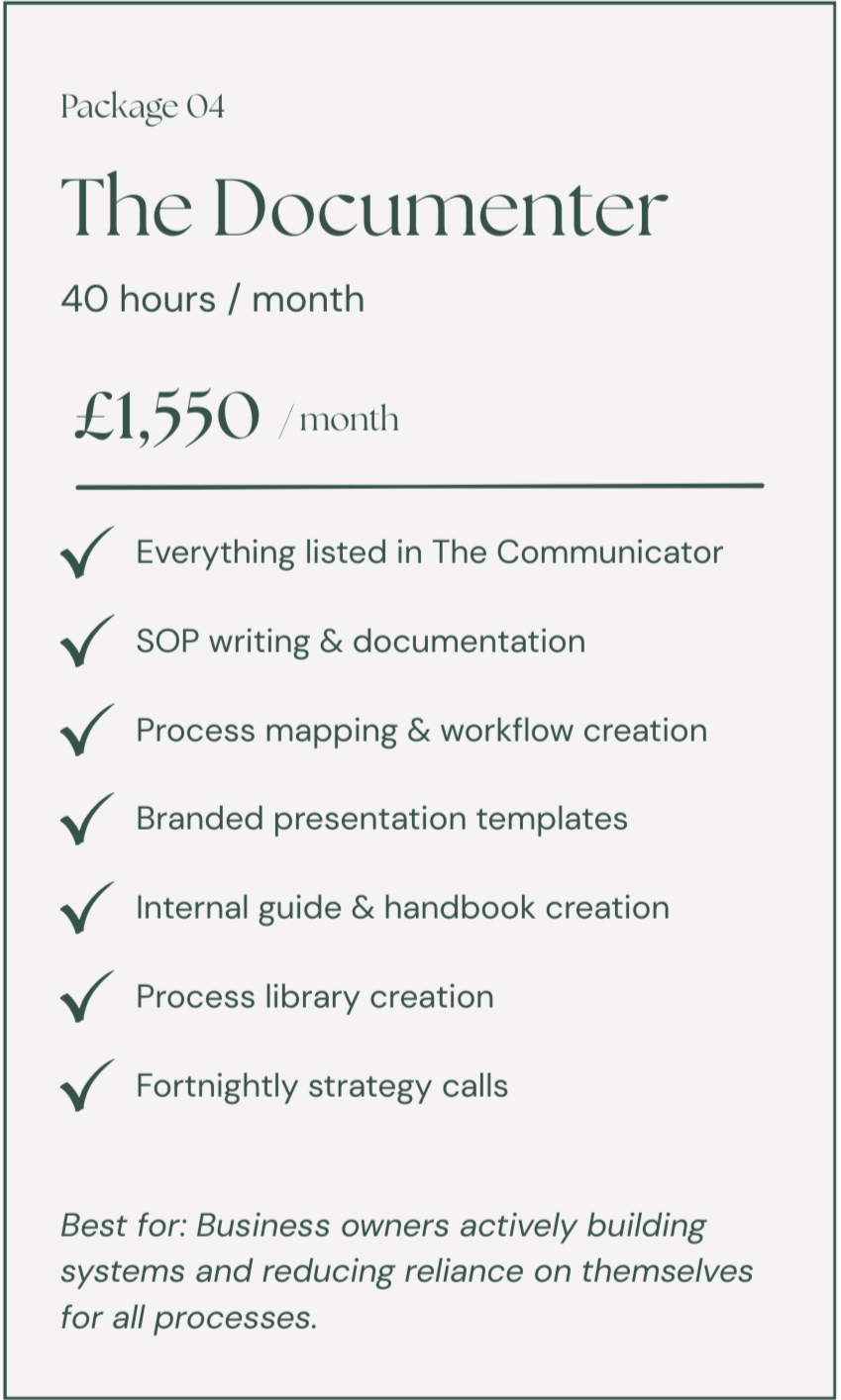 Pricing details for the documenter package, including features such as SOP documentation, process mapping, branded templates, guides, process library, and strategy calls, costing 1,550 pounds per month.