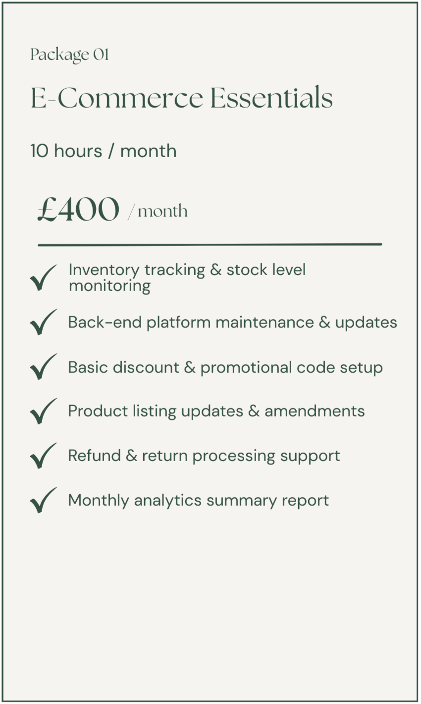 E-commerce essentials package details, including price, hours per month, and features like inventory tracking, platform maintenance, discounts, product updates, refund support, and analytics.